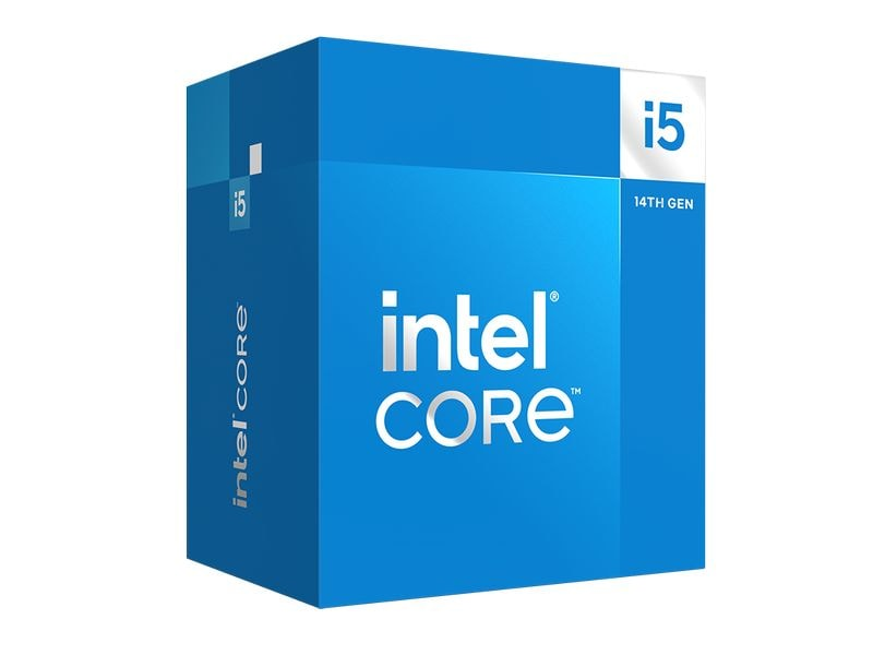 Emballage bleu du processeur Intel Core i5 14th Gen sur fond blanc.