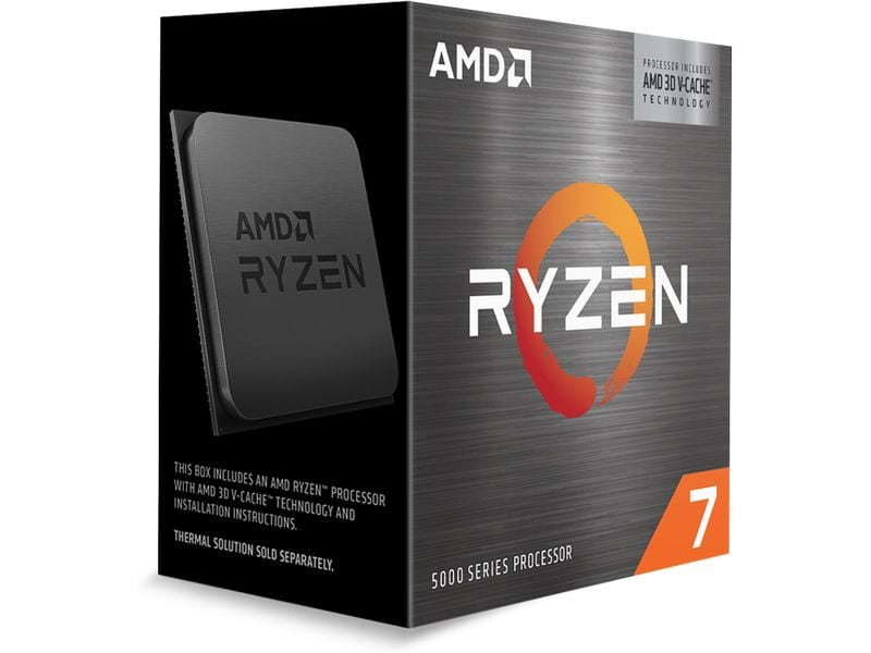 AMD Ryzen 7 5000er Serie Prozessorbox. Die Box ist dunkel mit rotem und orangefarbenem Ryzen-Branding.