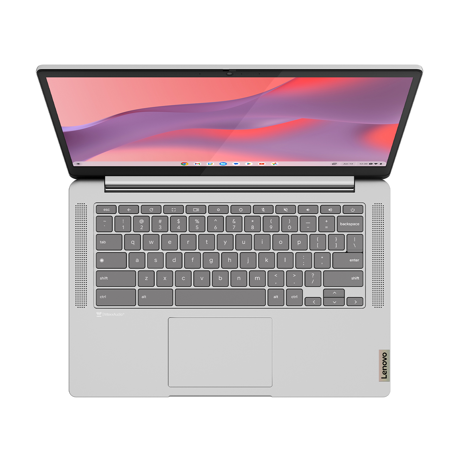Vista dall'alto di un laptop Lenovo argentato con schermo aperto e tastiera.