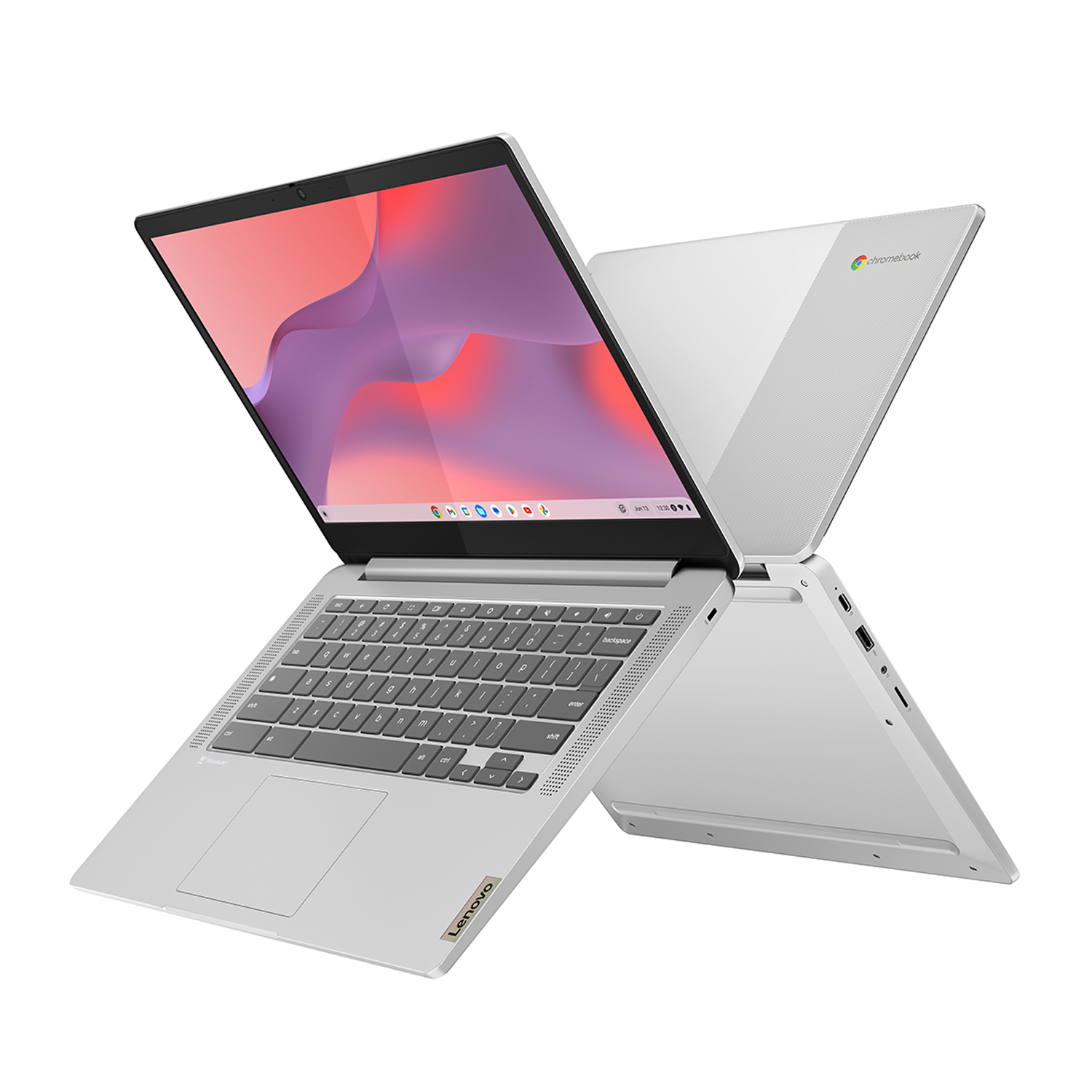 Un laptop Lenovo Chromebook bianco è aperto, con tastiera visibile. Lo sfondo è bianco.