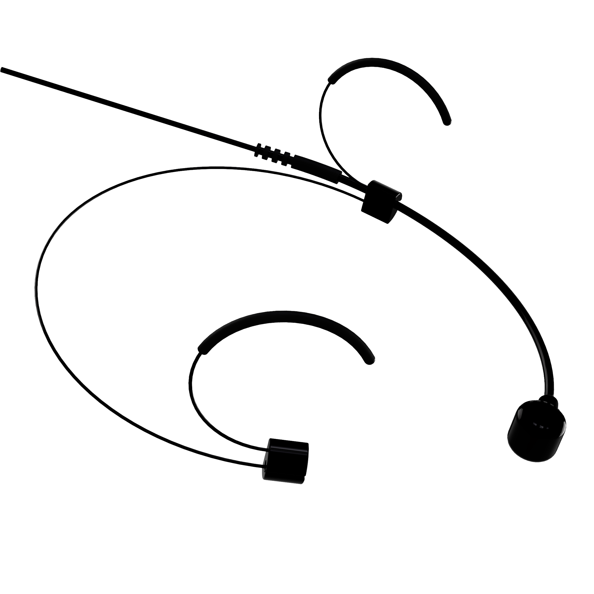 Un micrófono de auriculares negro con brazo flexible y soportes para oídos.