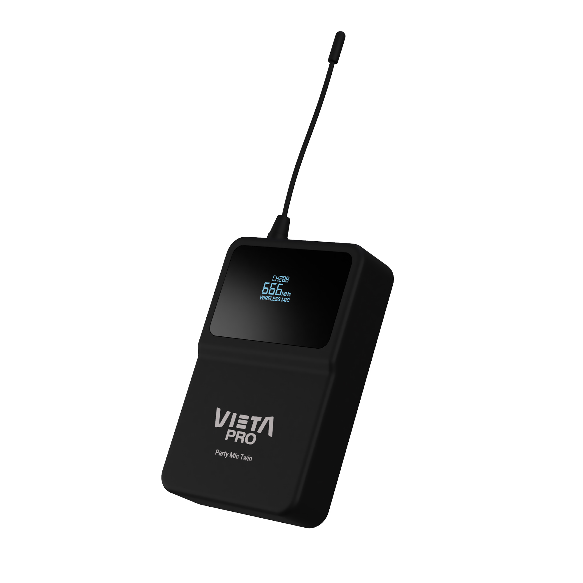 Micrófono inalámbrico negro con pantalla y antena, sobre fondo blanco.