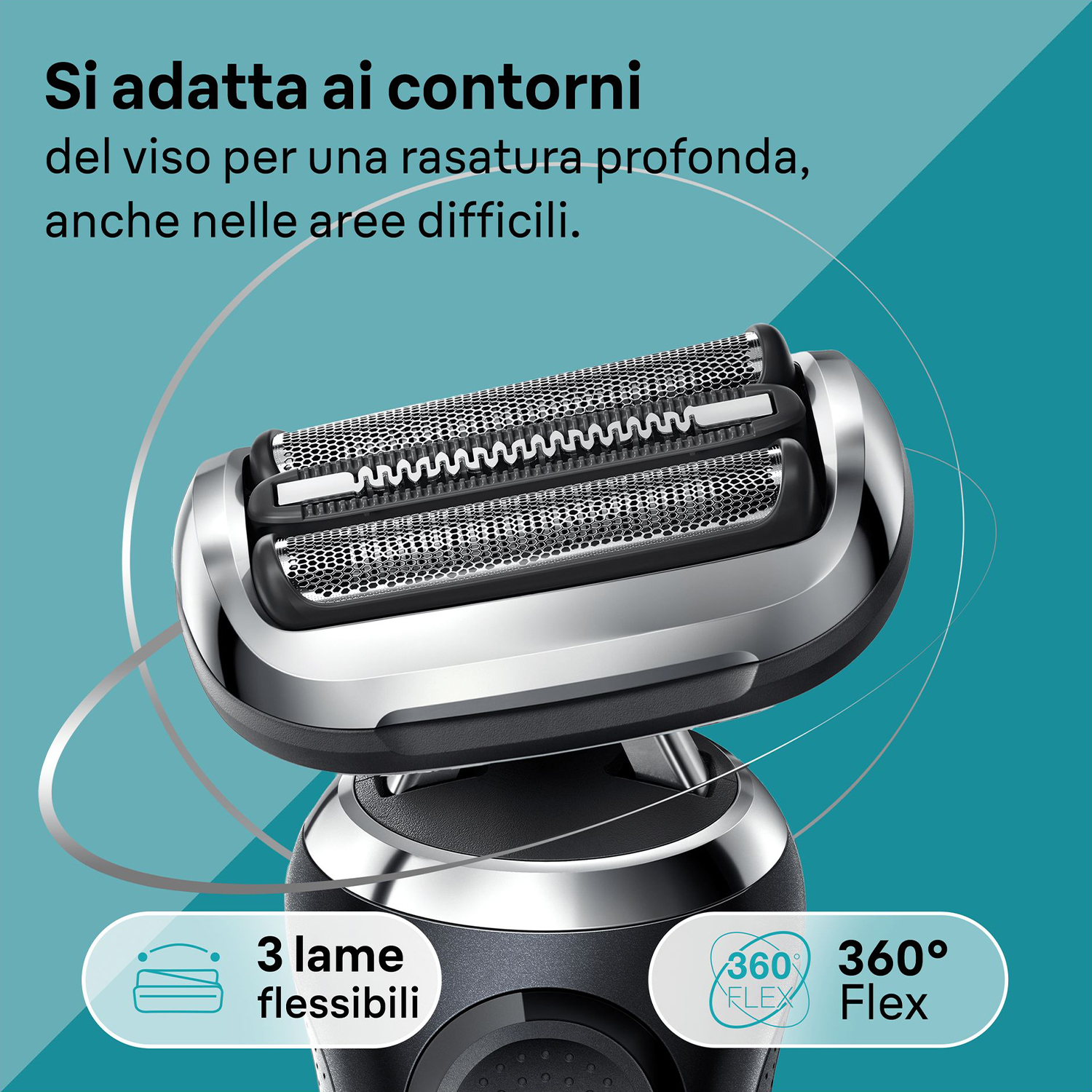 Primo piano di una testina di rasoio elettrico argento e nero con testo.