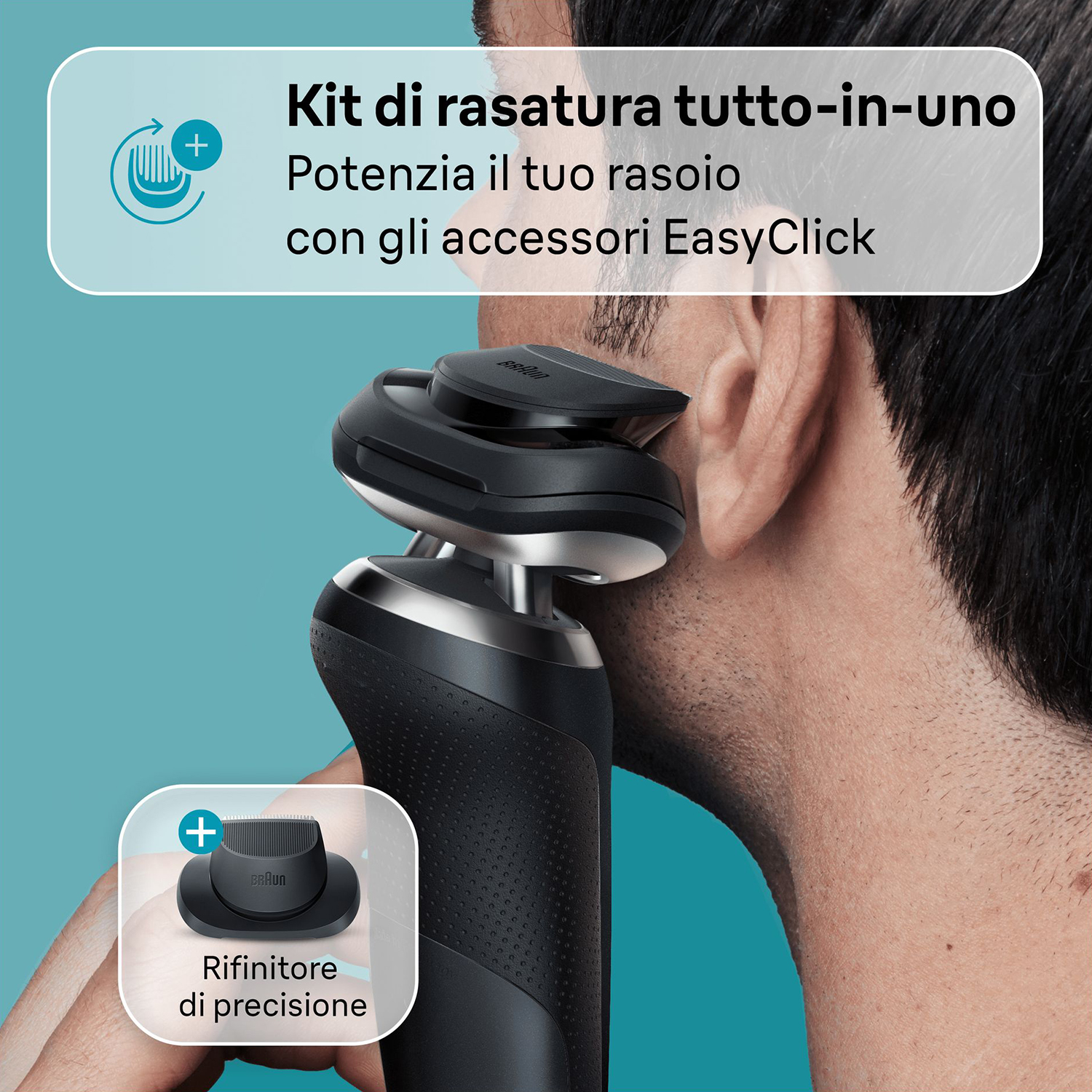 Uomo che si rade con un rasoio nero e argento. Sovrapposizione di testo con accessori e rifinitore di precisione.