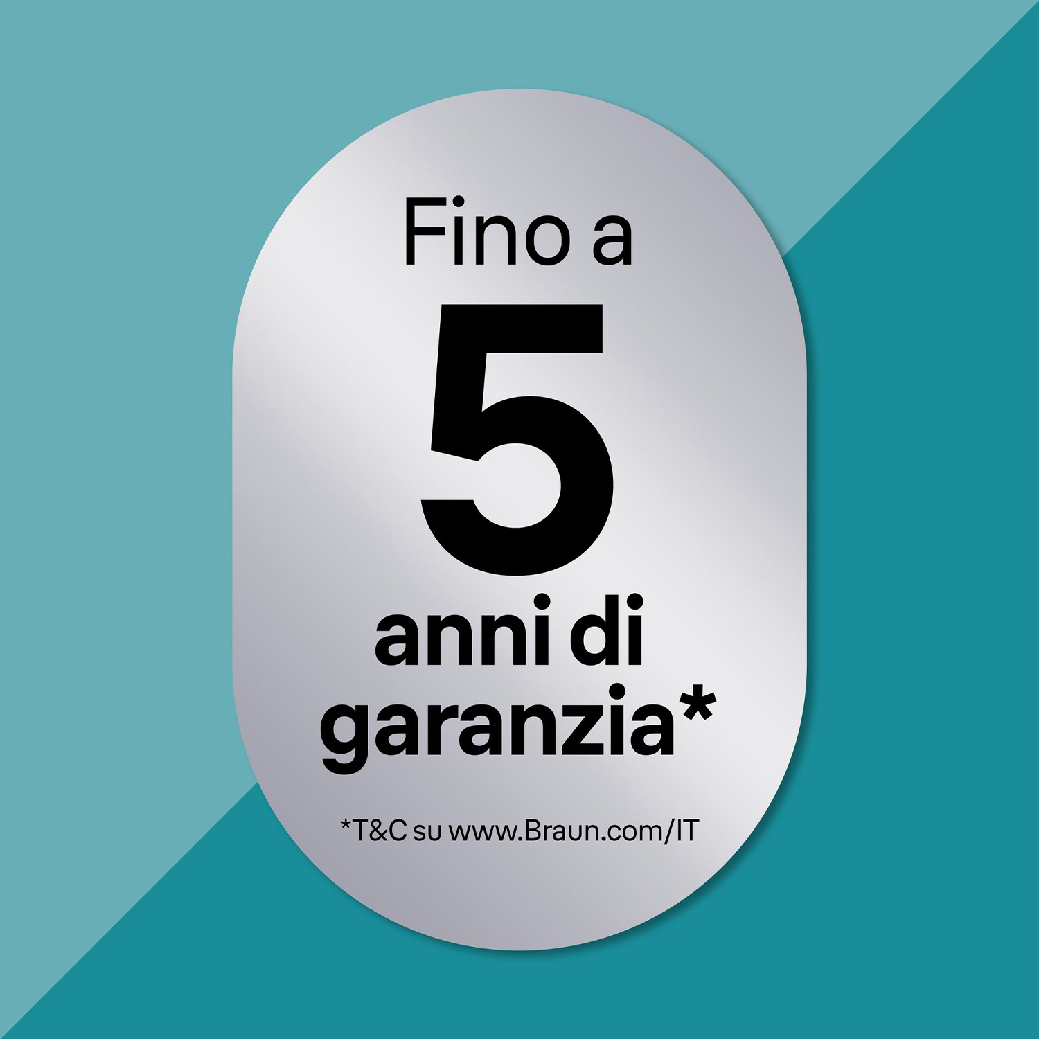 Un adesivo ovale argentato con un grande '5' e testo sulla garanzia su sfondo blu.