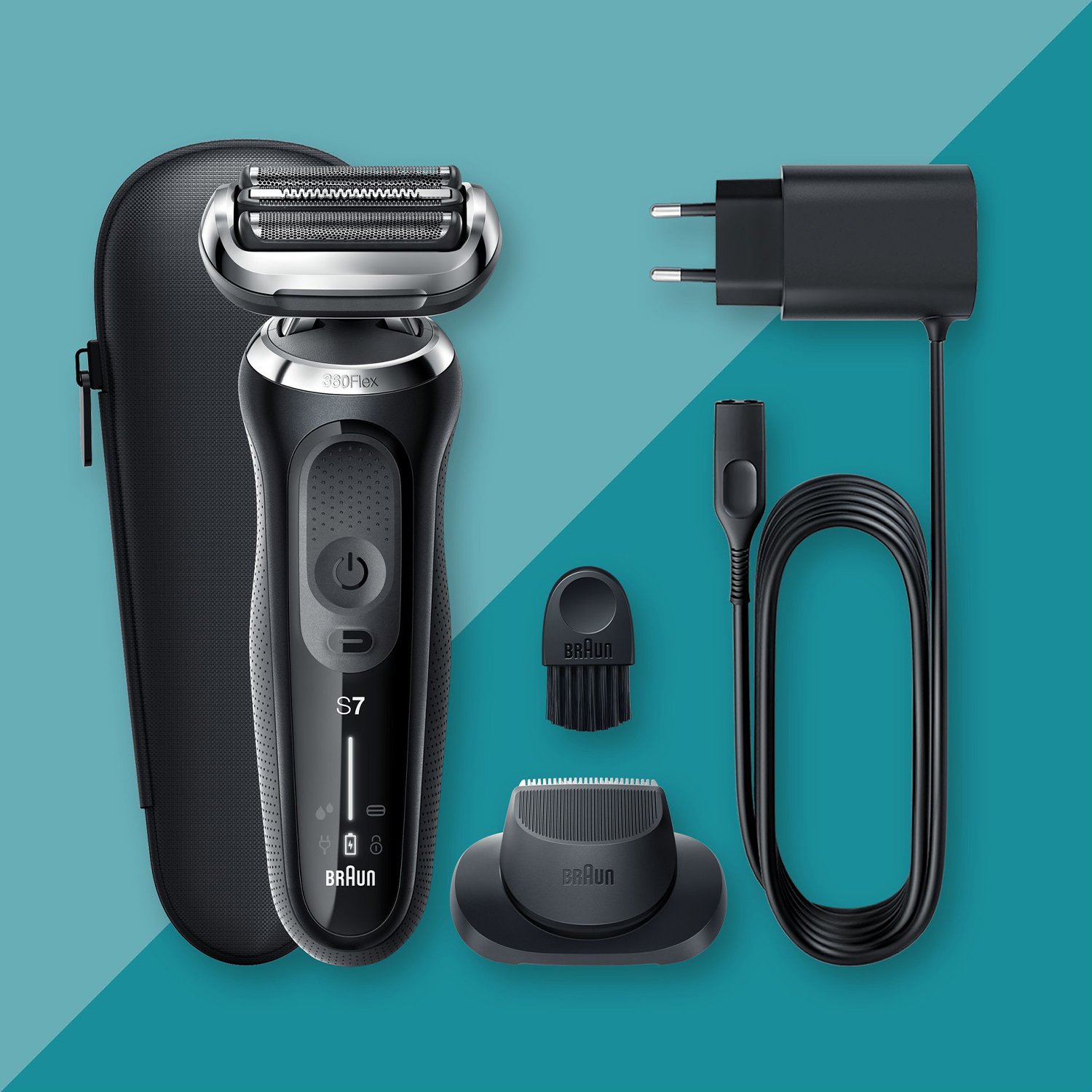 Un set rasoio Braun Series 7 con accessori su una superficie verde acqua. Include rasoio, caricatore e spazzola.