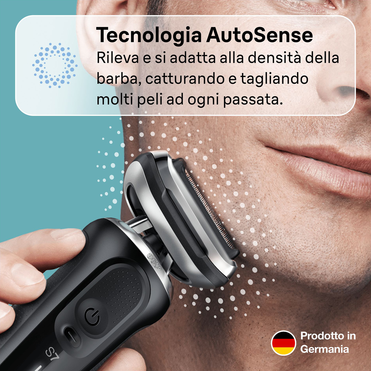 Primo piano di un uomo che si rade con un rasoio nero e argento, con testo e una bandiera.