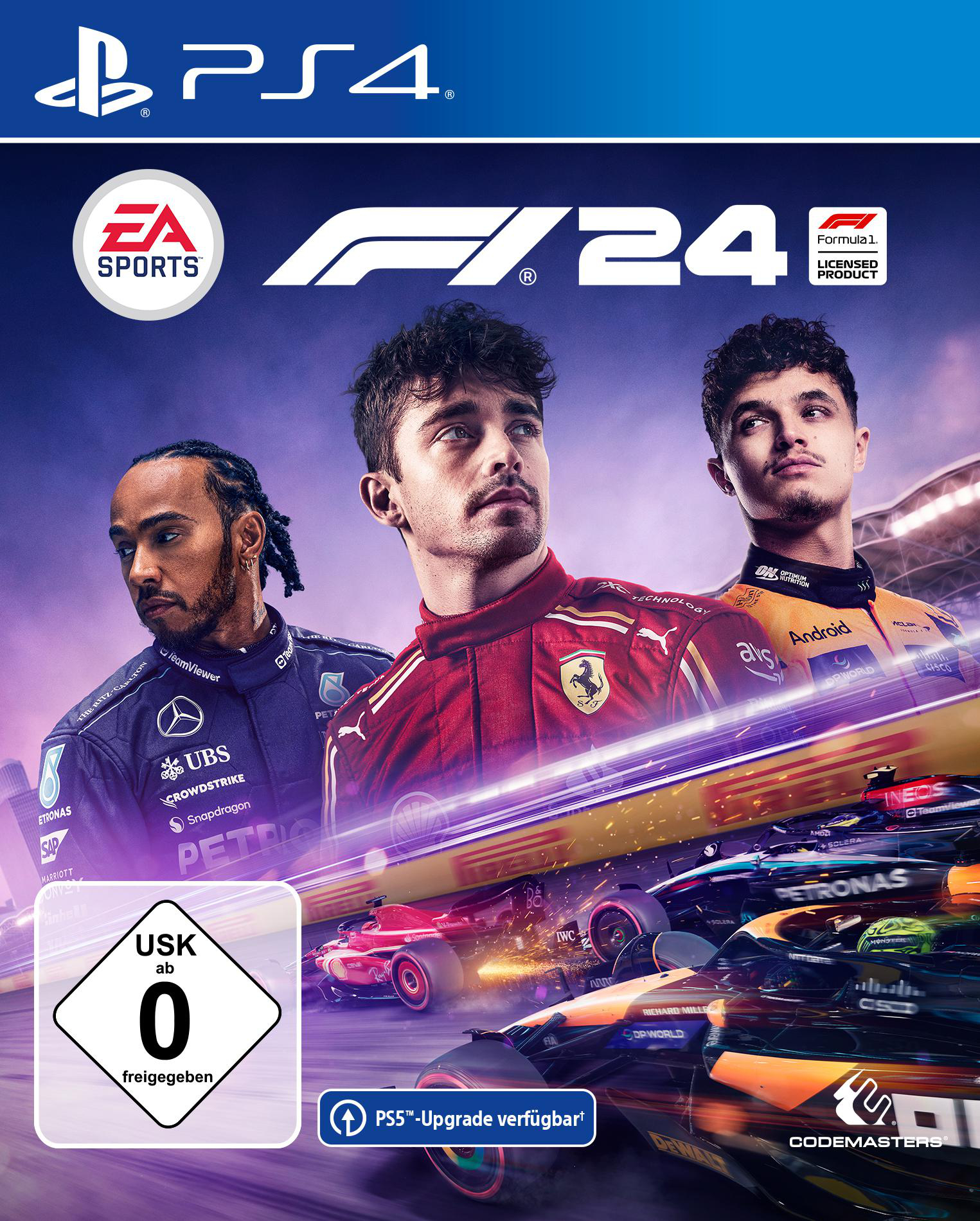 PS4-Spielcover mit Rennwagen, Fahrern und EA Sports-Logo.
