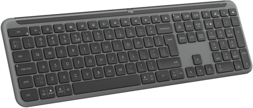 Szürke billentyűzet fekete billentyűkkel, QWERTY elrendezésben. Sötét háttér. Az Enter billentyű nagy.