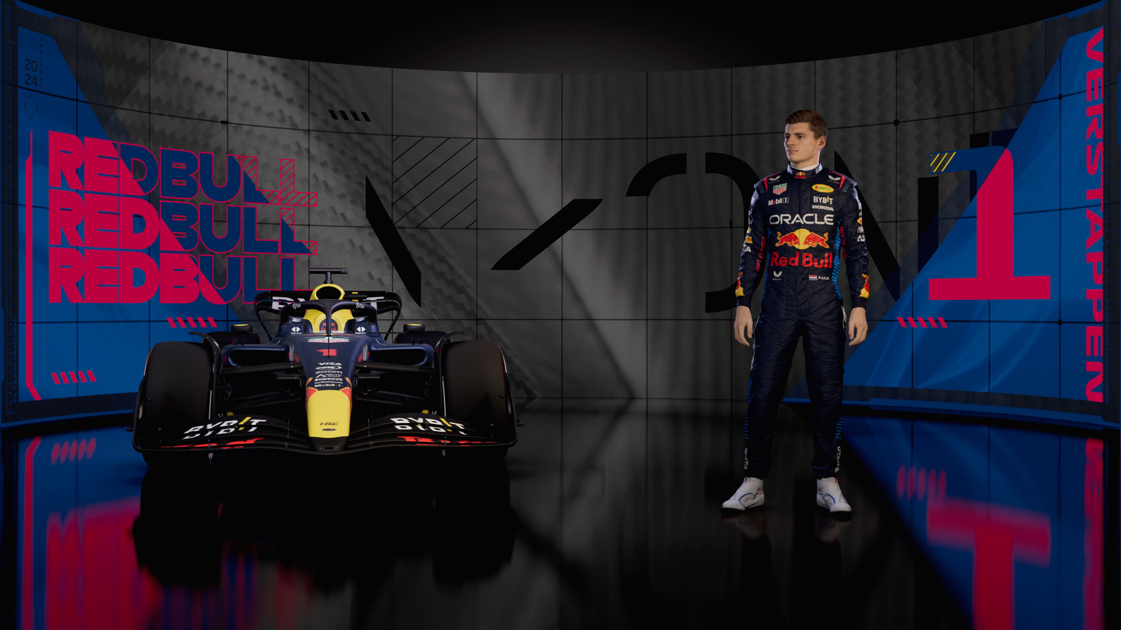 Red Bull Formel 1 Auto und Fahrer. Verstappen steht neben dem Auto vor Kulisse.