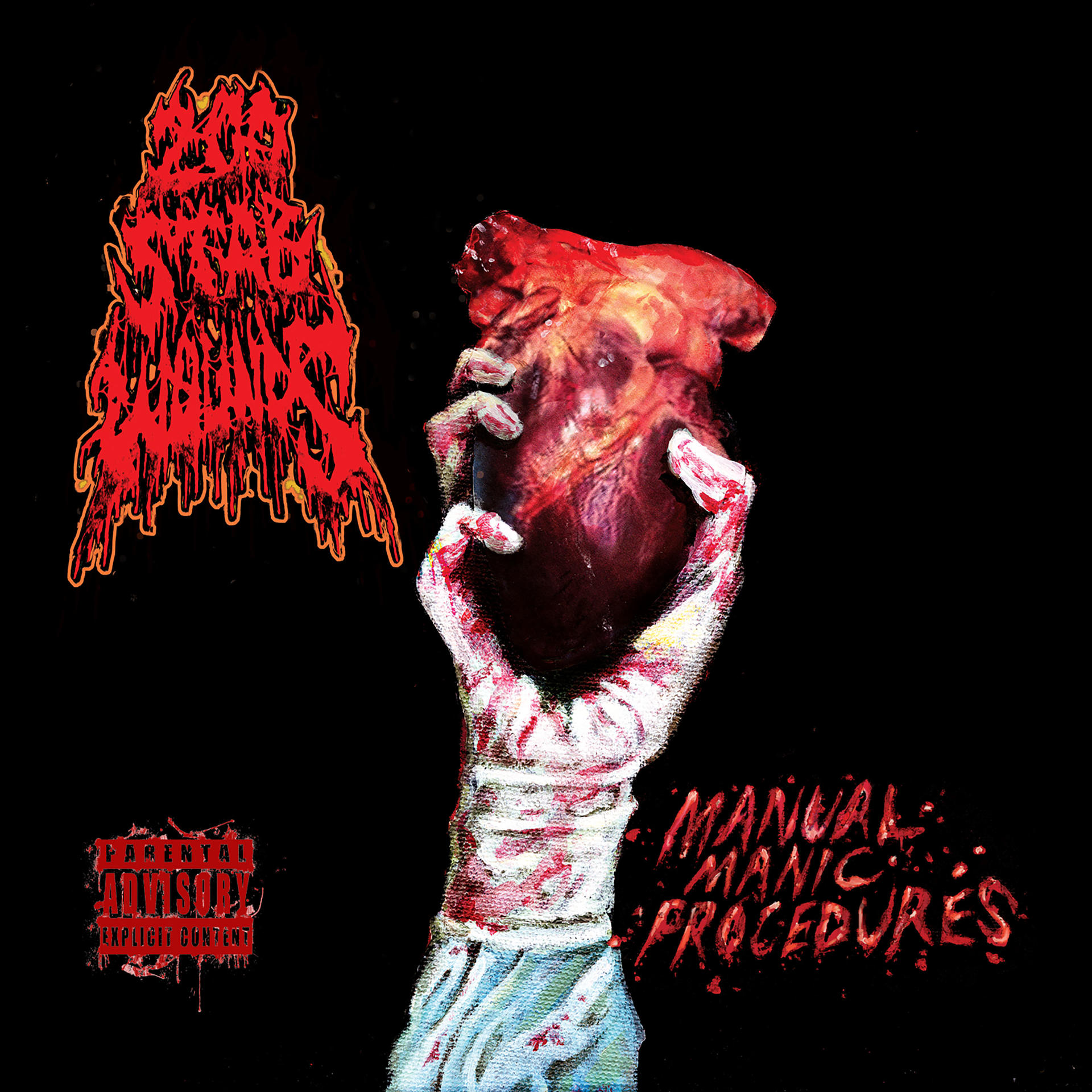 Albumcover mit Hand, die ein Herz hält, blutigem Hintergrund und Text: Manual Manic Procedures.