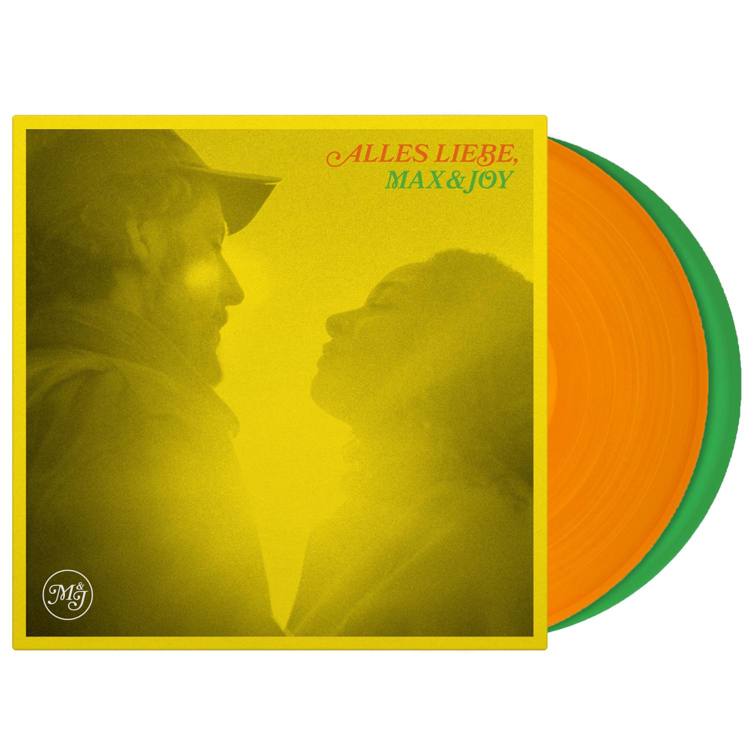 Eine Schallplatte mit gelbem Cover und orangefarbenen und grünen Scheiben.