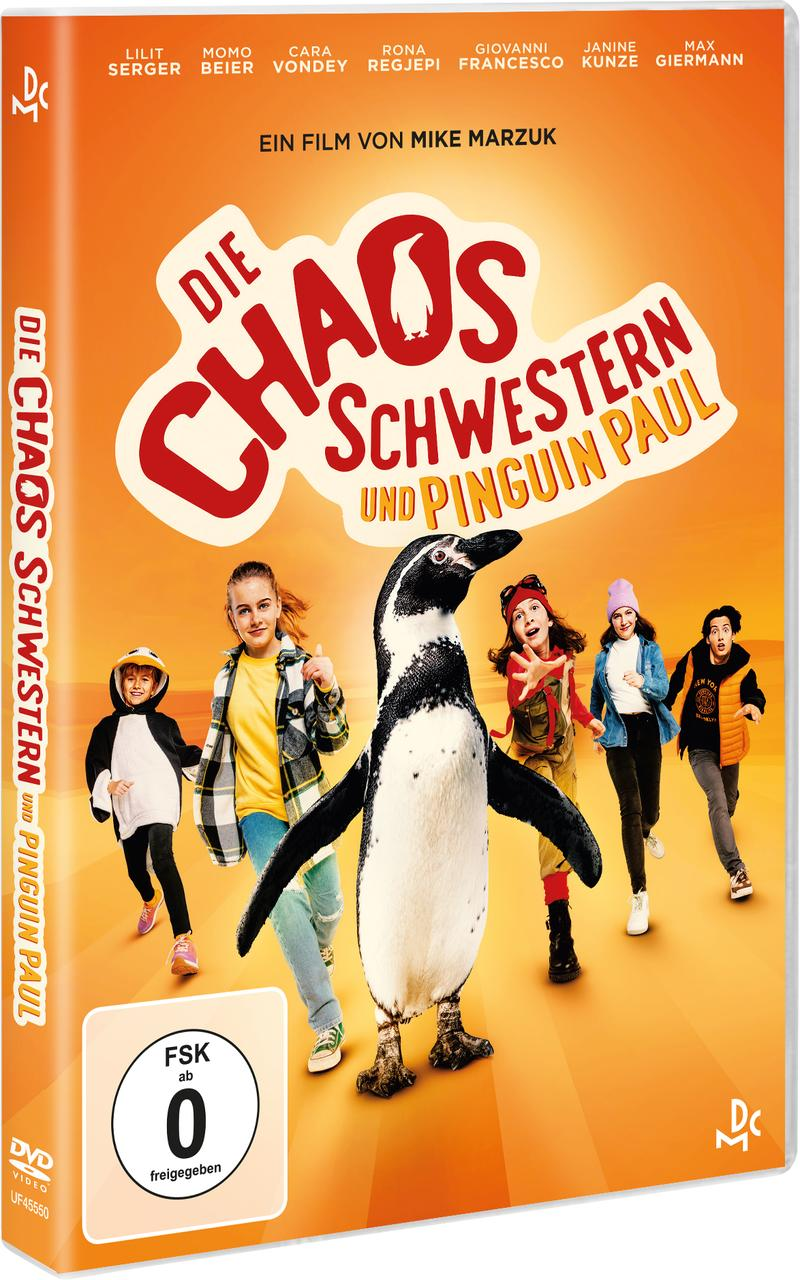 DVD-Cover mit Kindern und einem Pinguin. Titel: "DIE CHAOS SCHWESTERN UND PINGUIN PAUL".