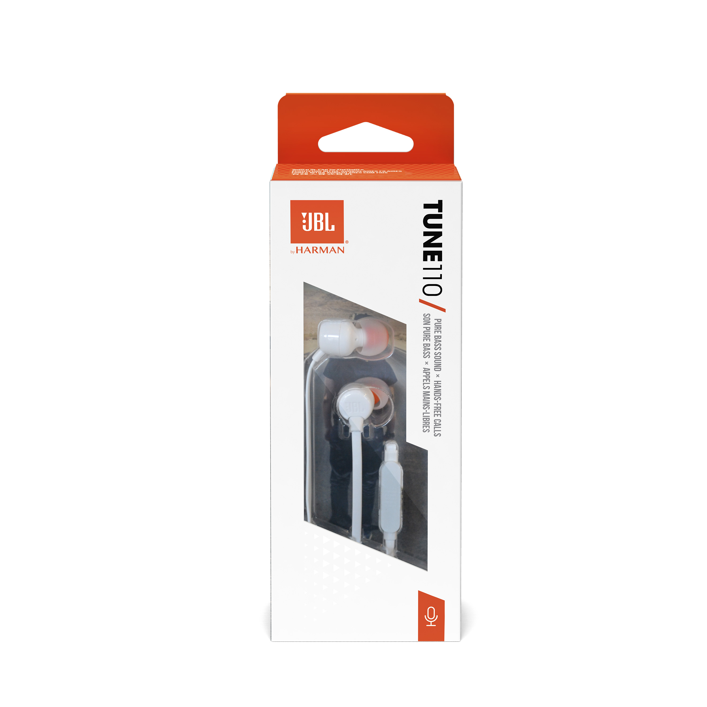 JBL Tune 110 In-Ear-Kopfhörer, verpackt in einer weißen Schachtel mit orangefarbenen Akzenten. Die Box zeigt das Produkt.