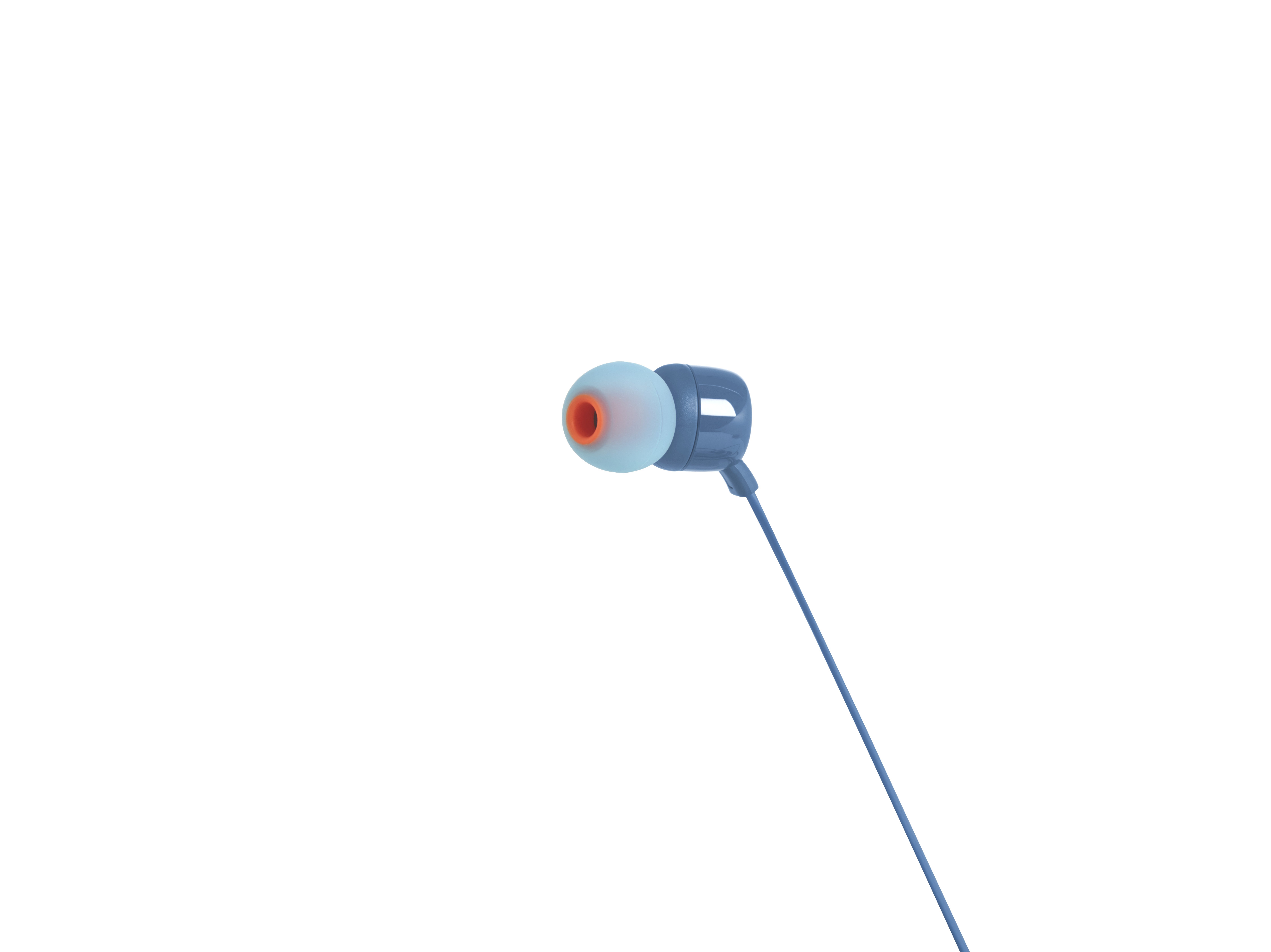 Blaue und orangefarbene In-Ear-Kopfhörer auf weißem Hintergrund.