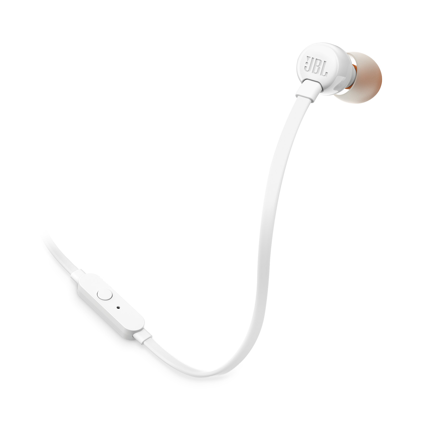 Weiße JBL-Ohrhörer mit Steuermodul und weißem Kabel. Orangefarbene Ohrstöpsel.