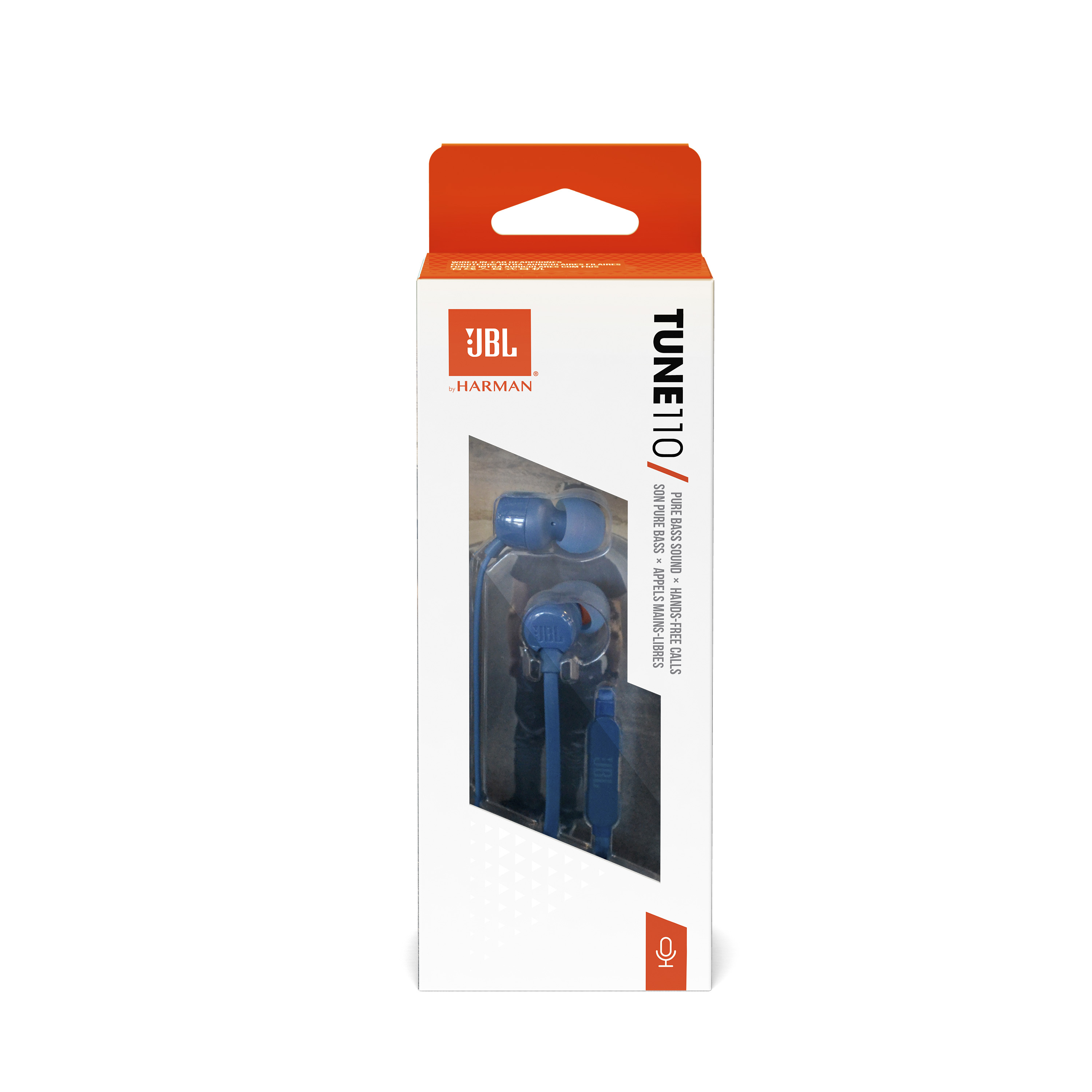 Blaue JBL-Ohrhörer in einer weiß-orangenen Box mit Text und Logo.