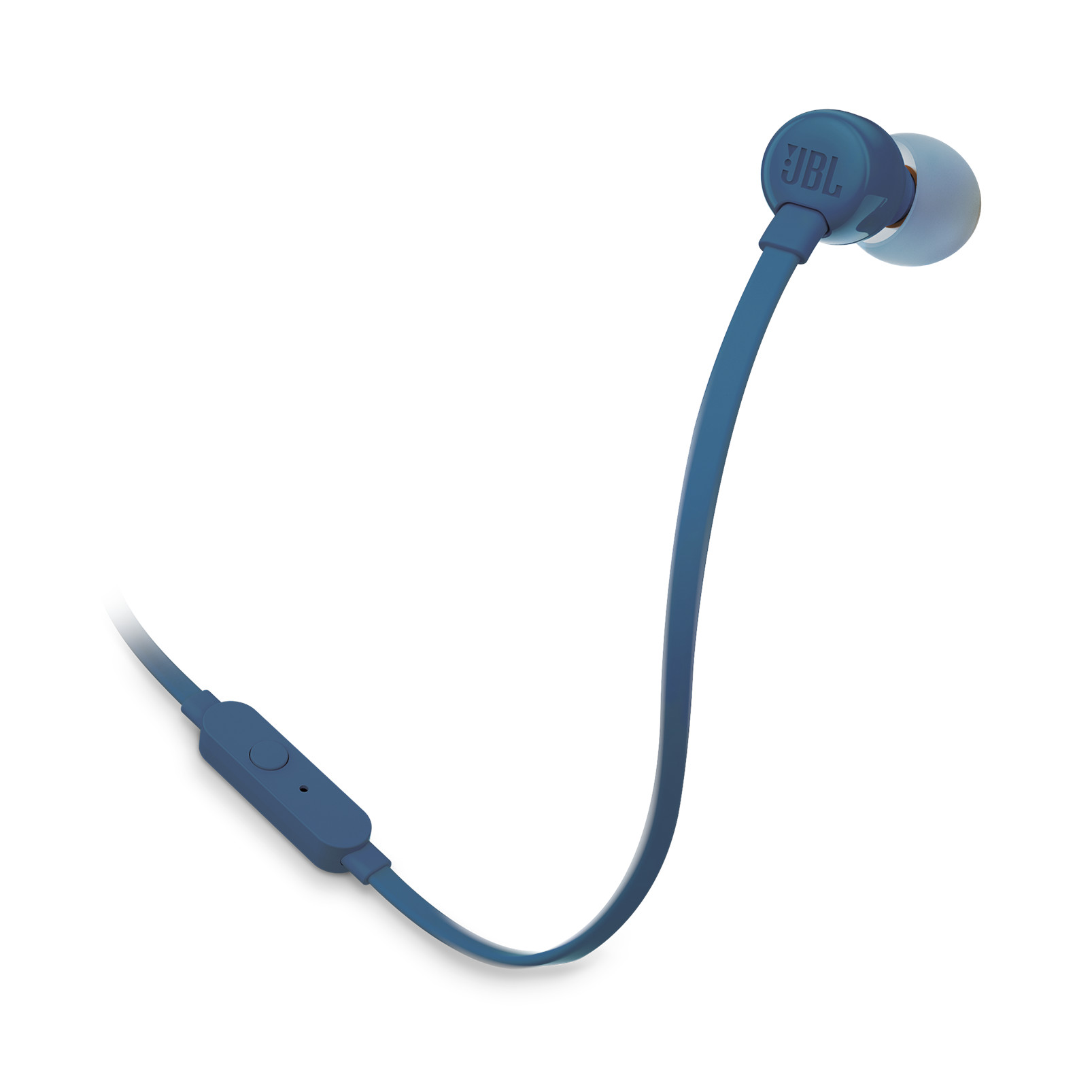 Blaue JBL-Ohrhörer mit Kabel und Steuerung, weißer Hintergrund.