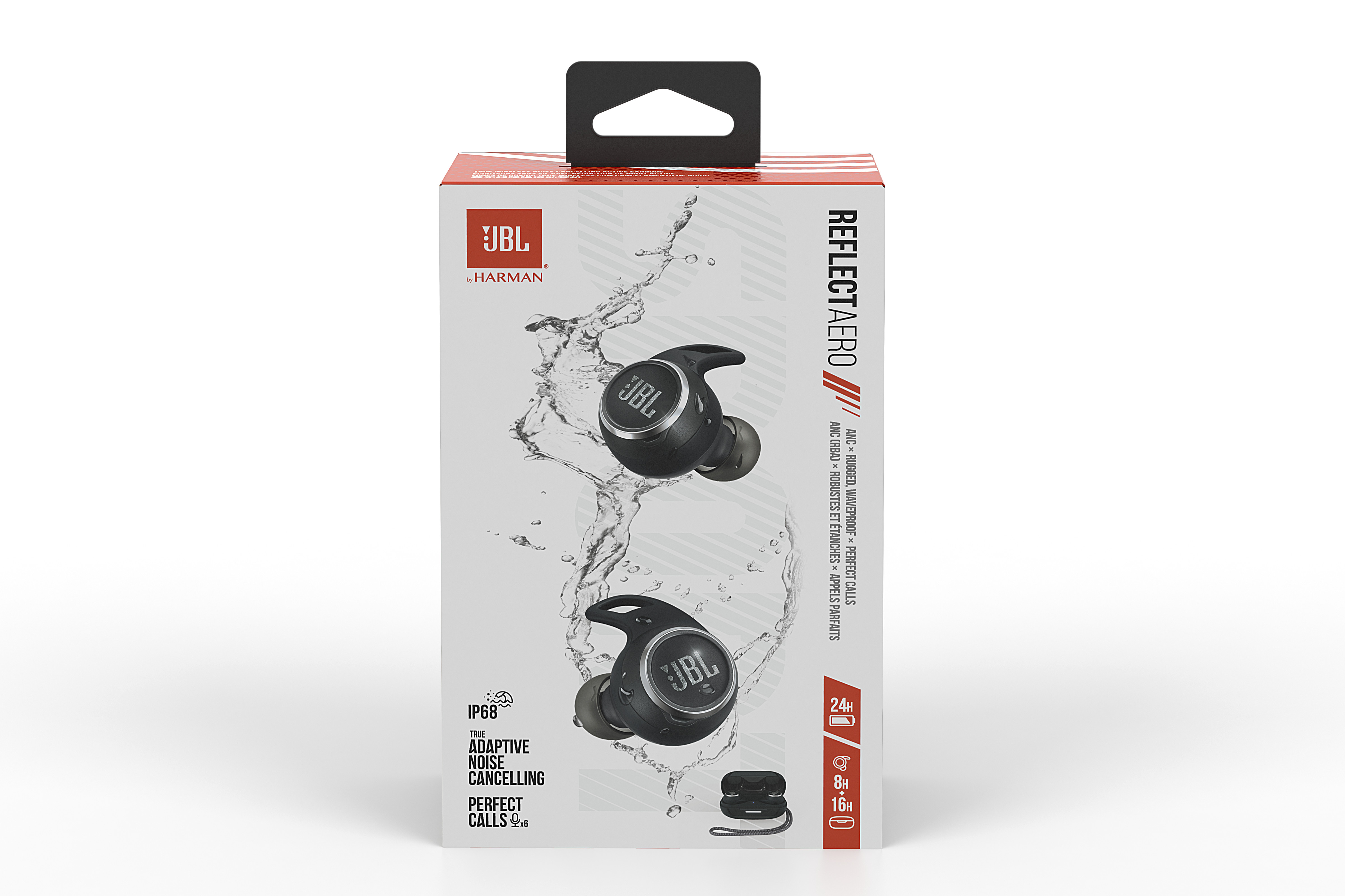 Eine Box mit JBL Reflect Aero kabellosen Ohrhörern mit Wasserspritzeffekt.