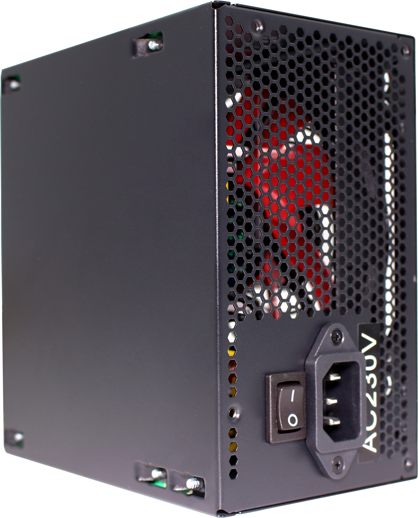 Un alimentatore nero per un computer, con una ventola visibile attraverso la rete.