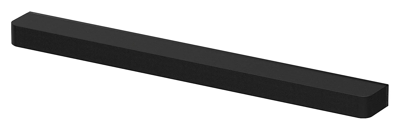 Długi, czarny soundbar na białym tle. Kształt prostokątny z zaokrąglonymi rogami.