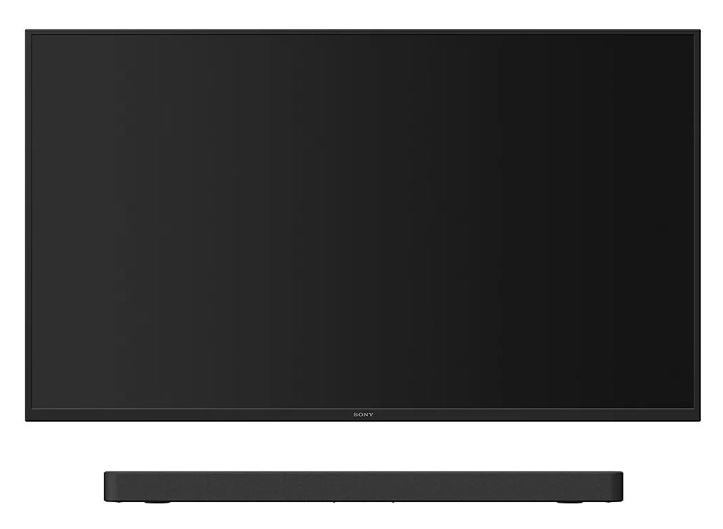 Czarny telewizor z logo Sony i czarny soundbar poniżej, na białym tle.