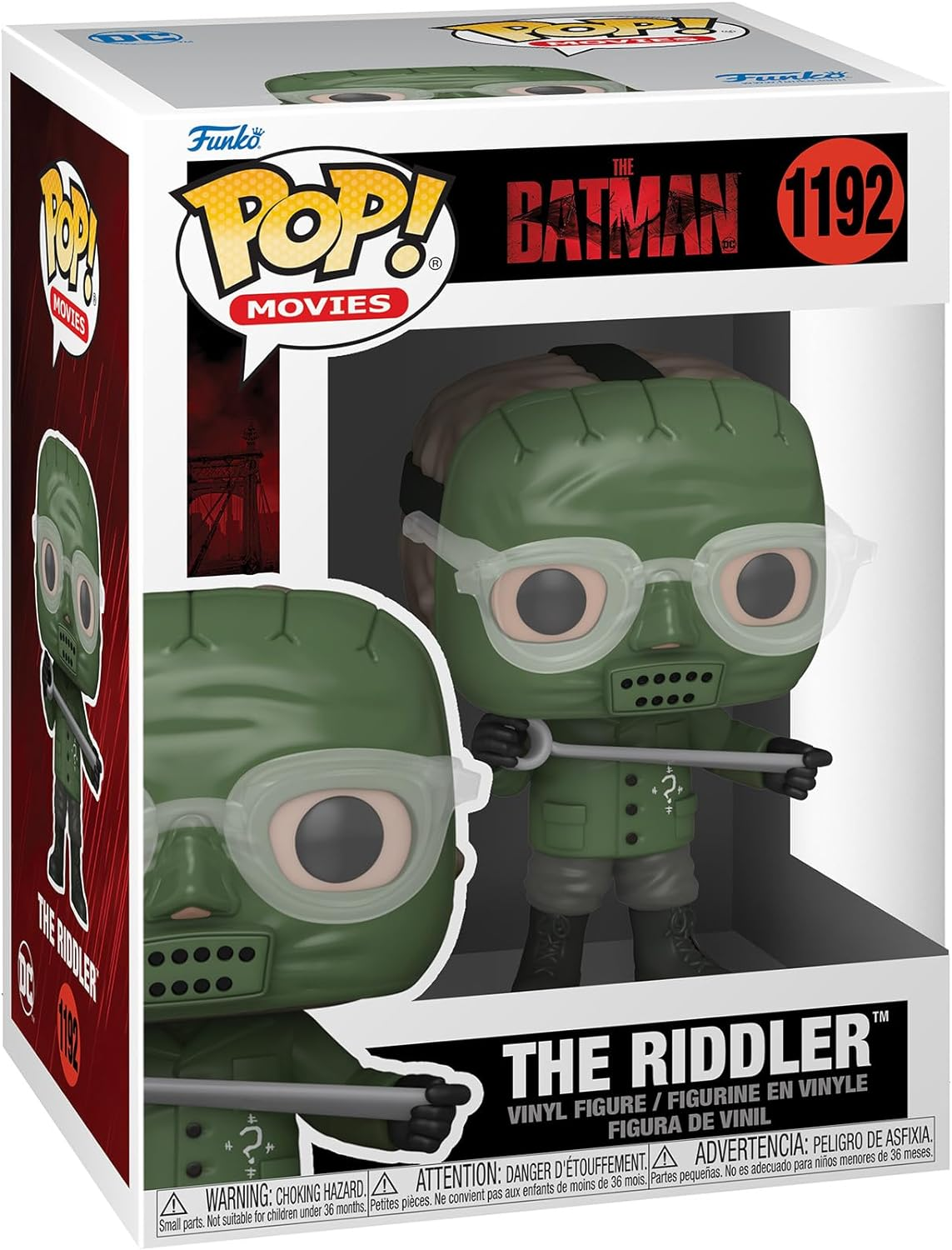 The Riddler Funko Pop figura. A figura zöld, és szemüvege van.