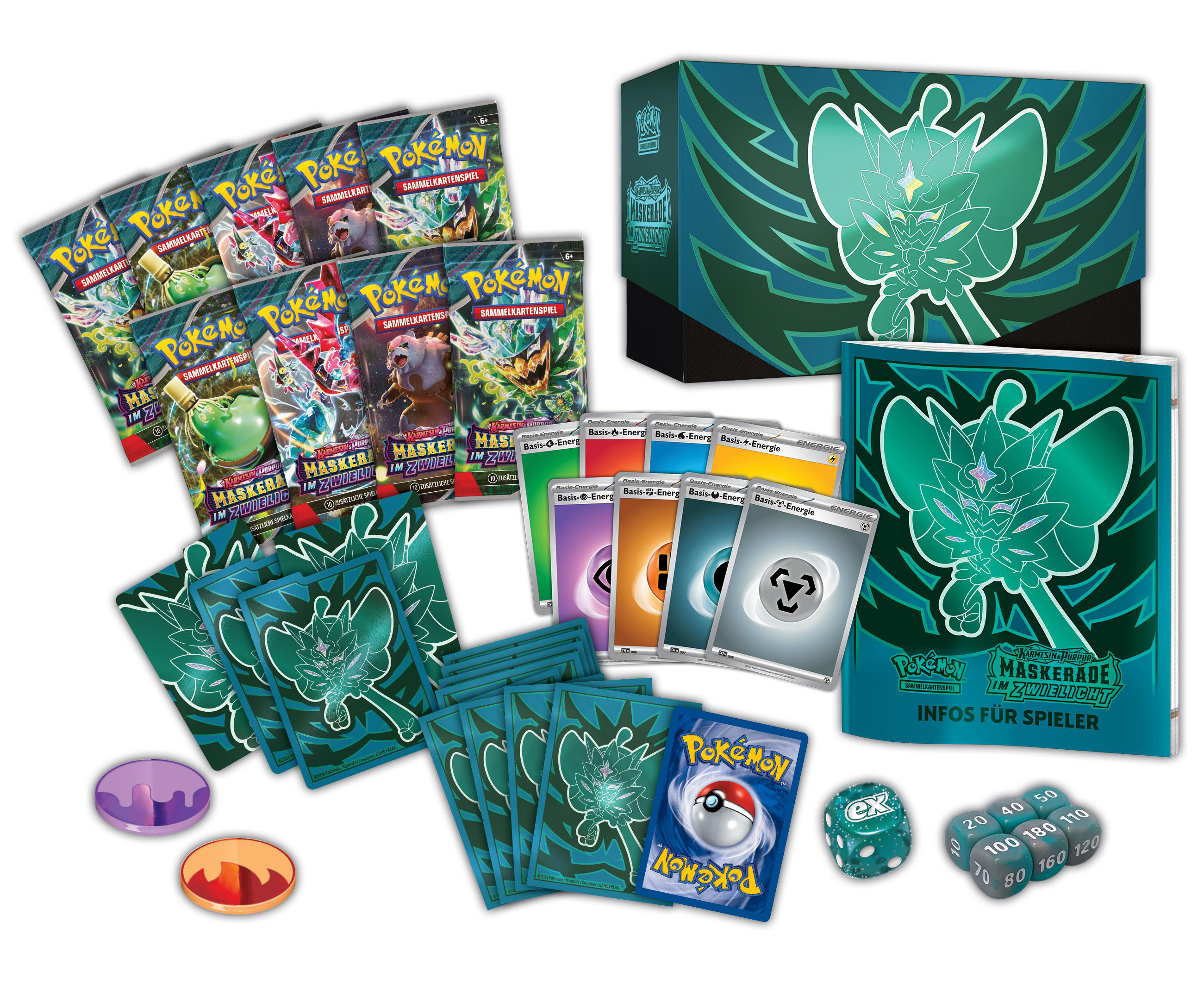 Ein Pokémon-Kartenset mit verschiedenen Packs, Karten, Würfeln und einer Box. Alles auf weißem Untergrund.