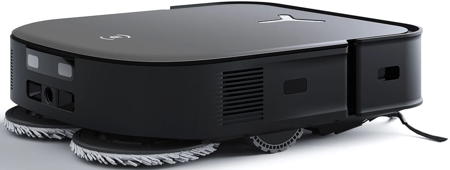 Aspirapolvere robot nero, con due spazzole rotonde e una spazzola laterale, su una superficie grigia.
