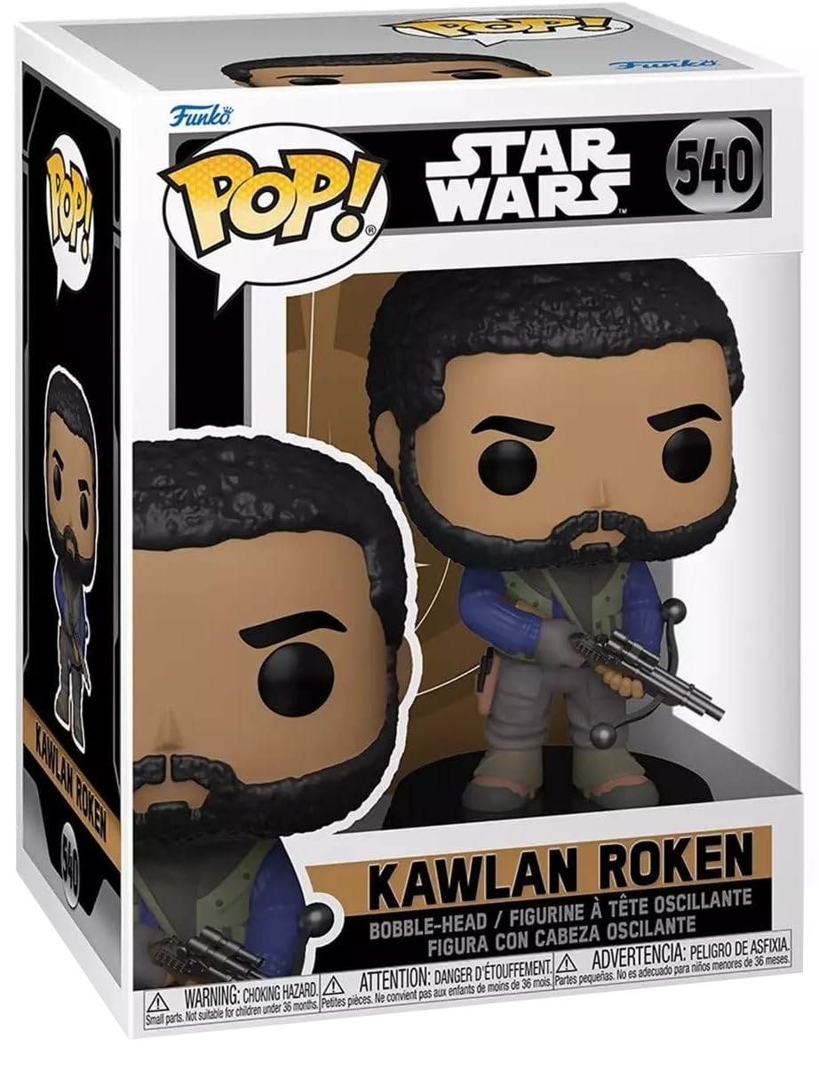Egy Funko Pop figura egy dobozban. A figura egy Star Wars karakter, fekete szakállal és fegyverrel.