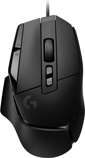 Fekete gaming egér, felülnézet, több gombbal és görgővel.
