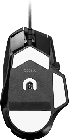 Fekete gamer egér. Fehér talp, kábel és G502 X felirat.