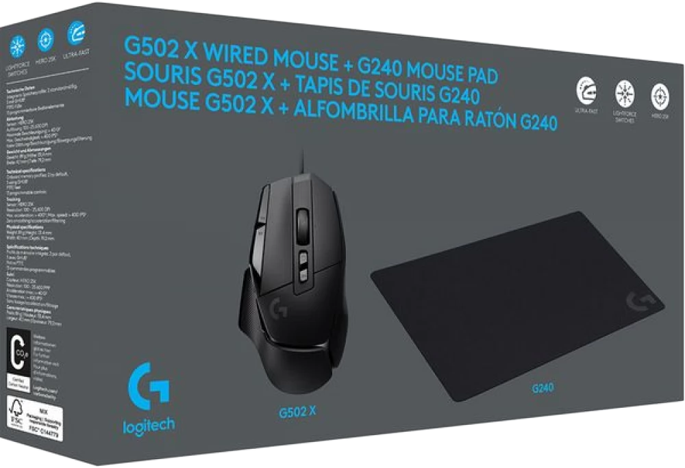 Egy doboz, amely egy fekete Logitech G502 X vezetékes egeret és egy G240 egérpadot tartalmaz. A dobozon termékadatok vannak.