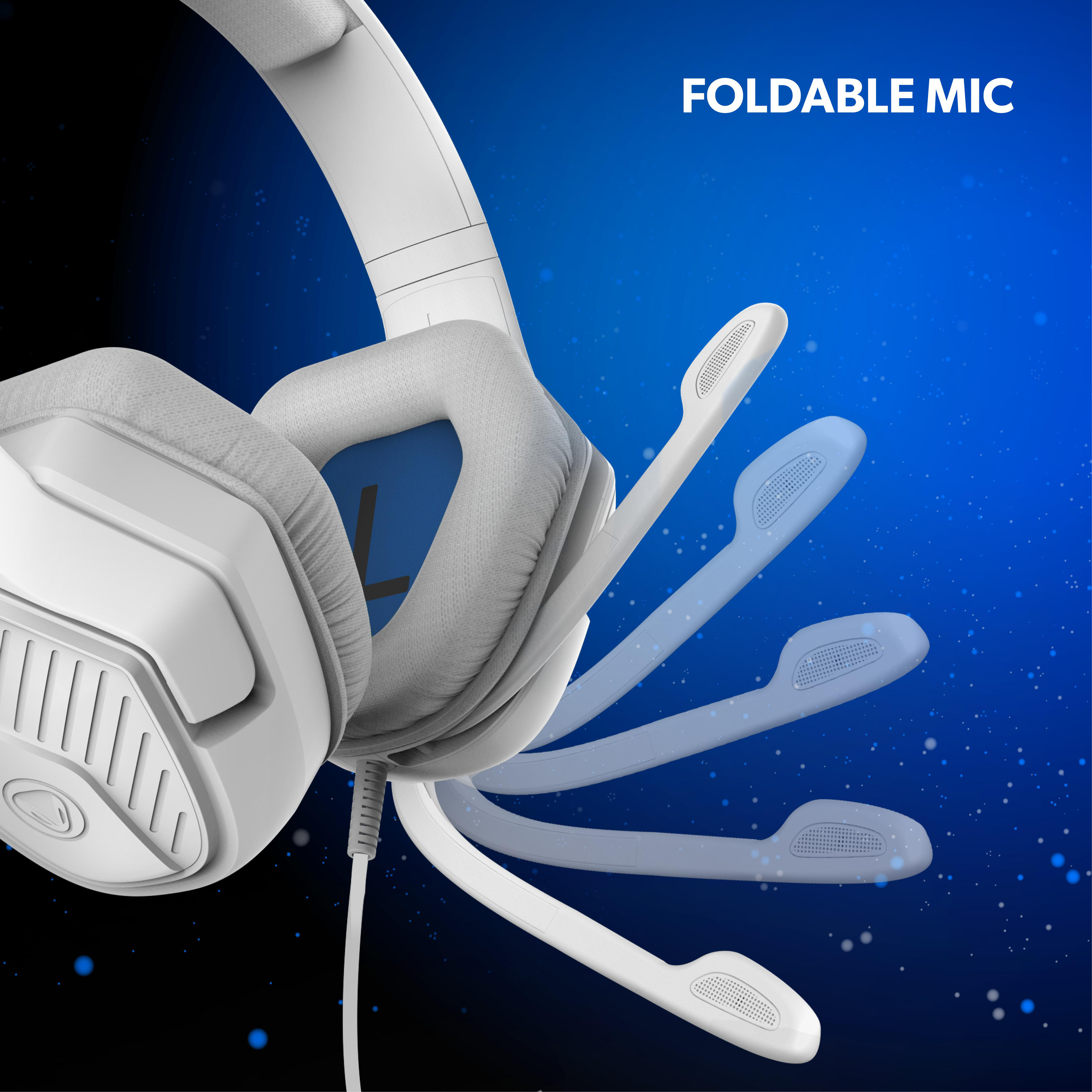 Ein weißes Gaming-Headset mit faltbarem Mikrofon. Ein blauer Hintergrund mit Punkten.