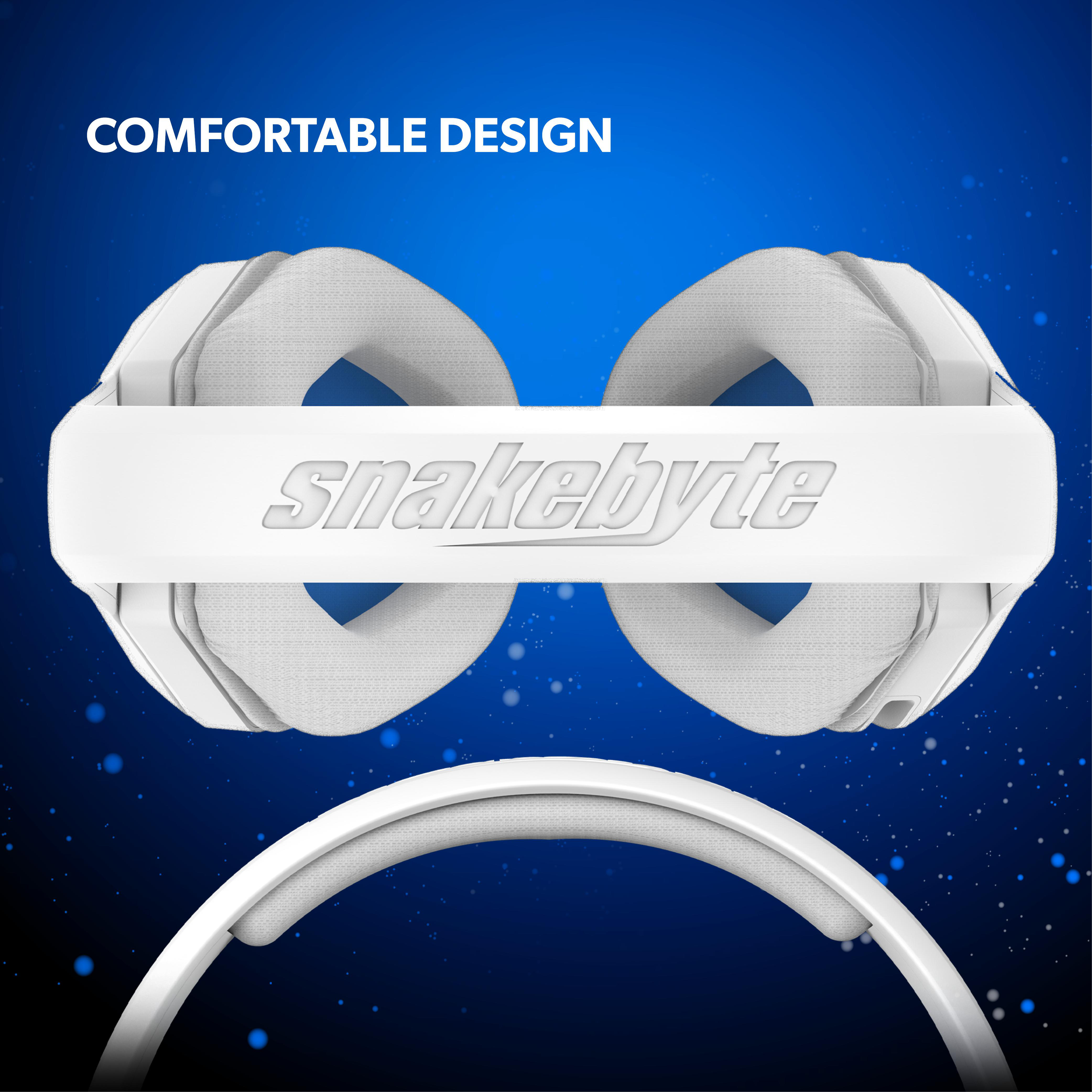 Weißes Snakebyte-Headset, Text „Komfortables Design“, blauer Hintergrund mit kleinen Punkten.
