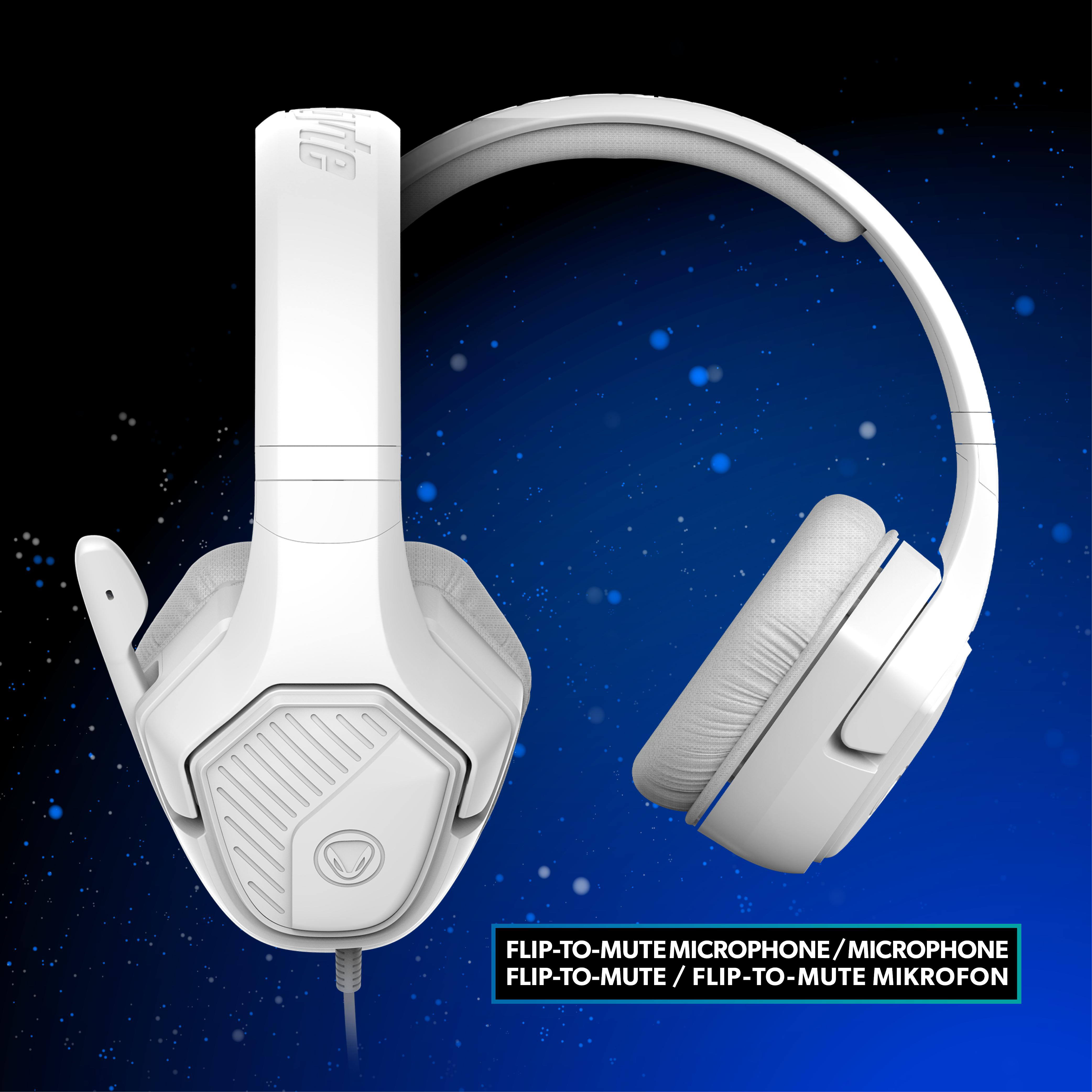 Weißes Gaming-Headset mit Flip-to-Mute-Mikrofon. Der Hintergrund hat blaue und weiße Partikel.