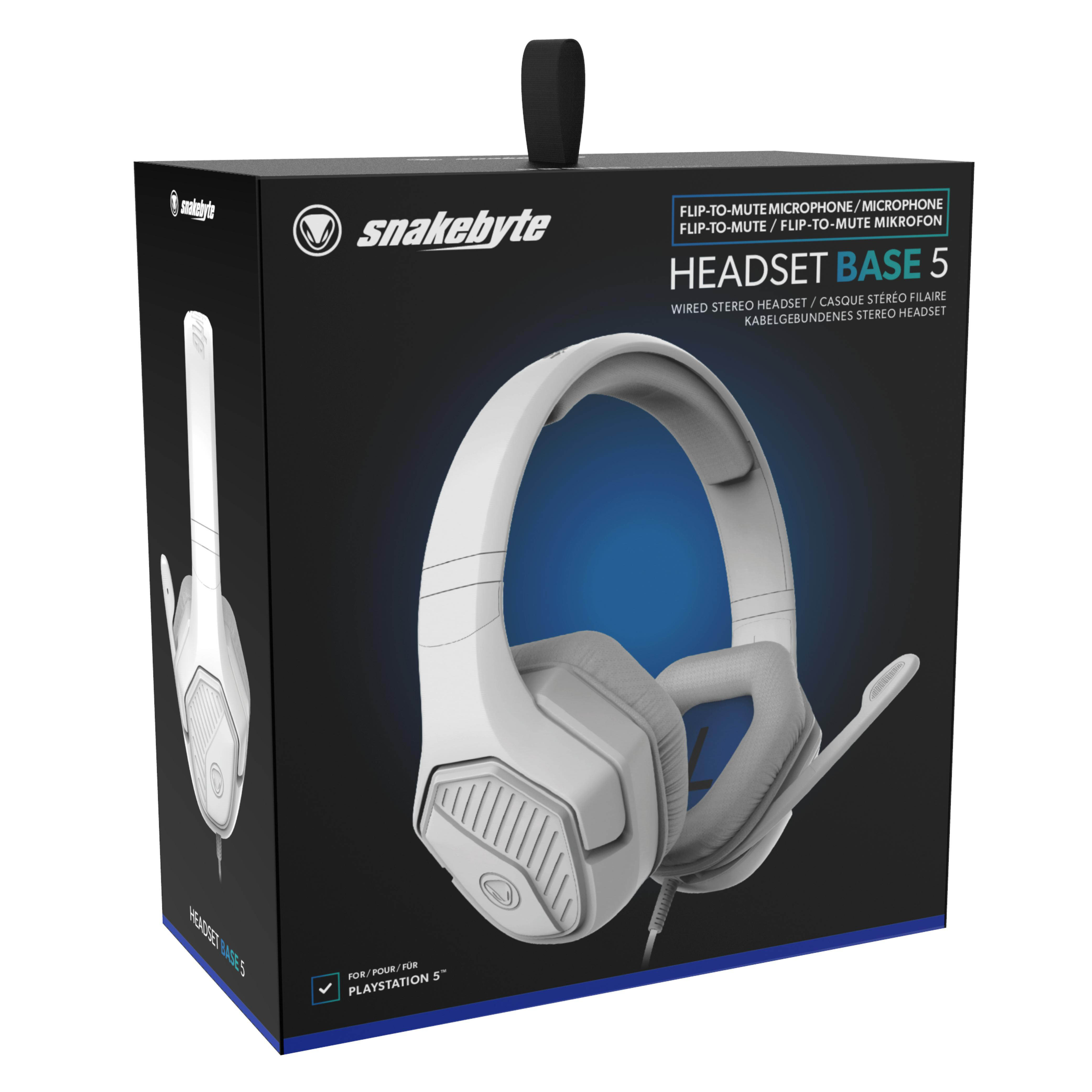 Weißes Headset auf schwarzer Box. Text: 'Headset Base 5'.