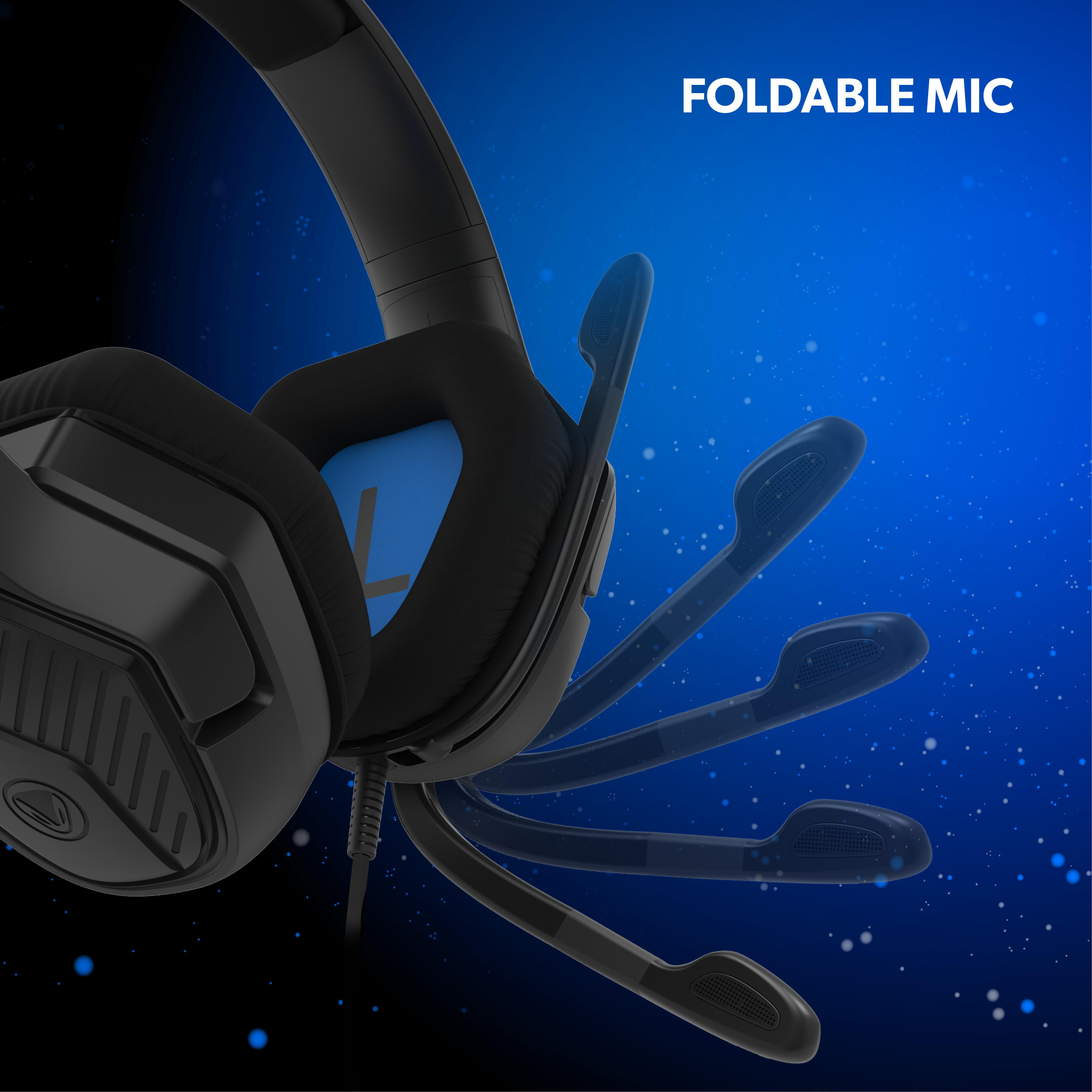 Schwarzes Gaming-Headset mit faltbarem Mikrofon. Der Hintergrund ist blau mit Partikeln und Text.