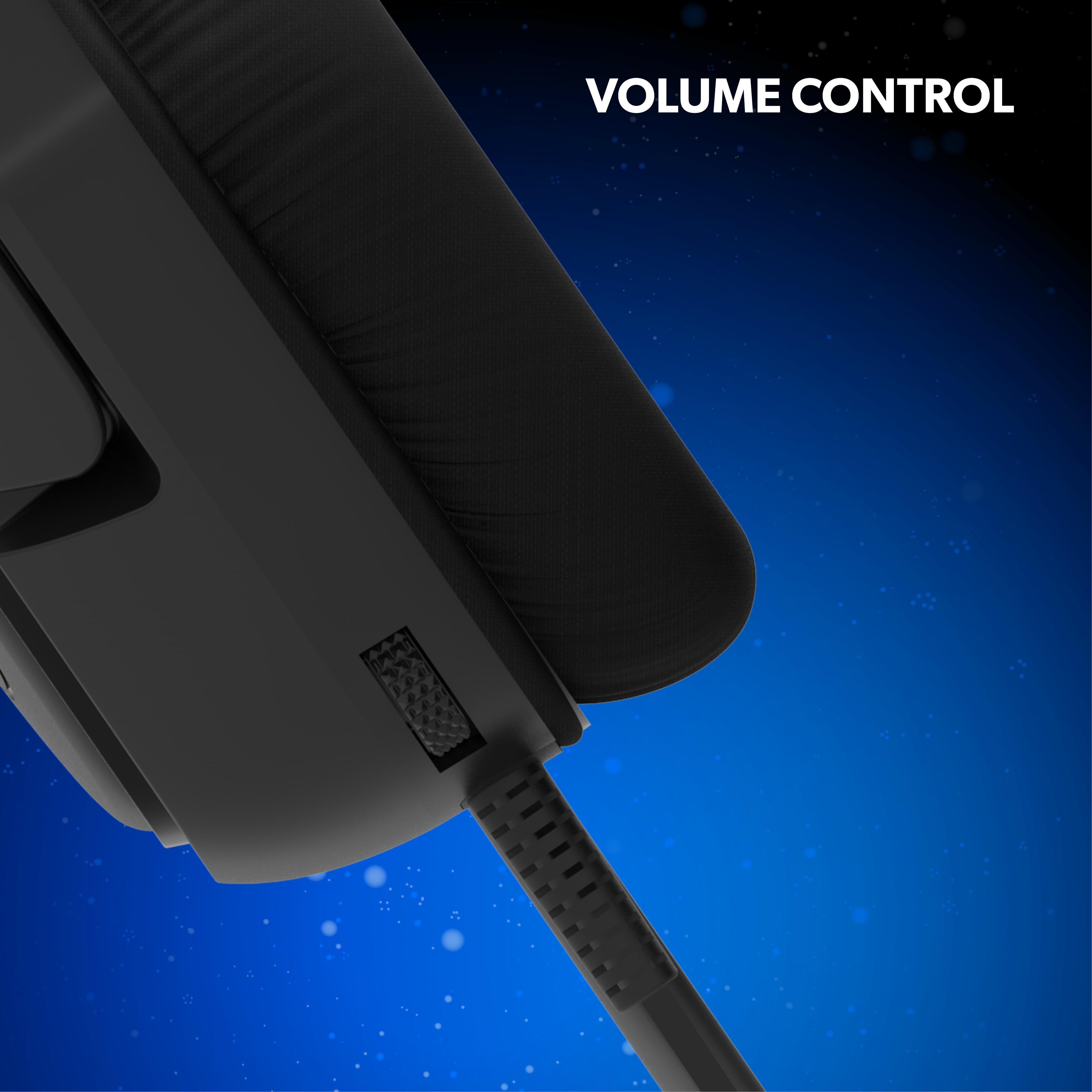 Schwarzes Headset auf blauem Hintergrund mit Lautstärkeregelung.