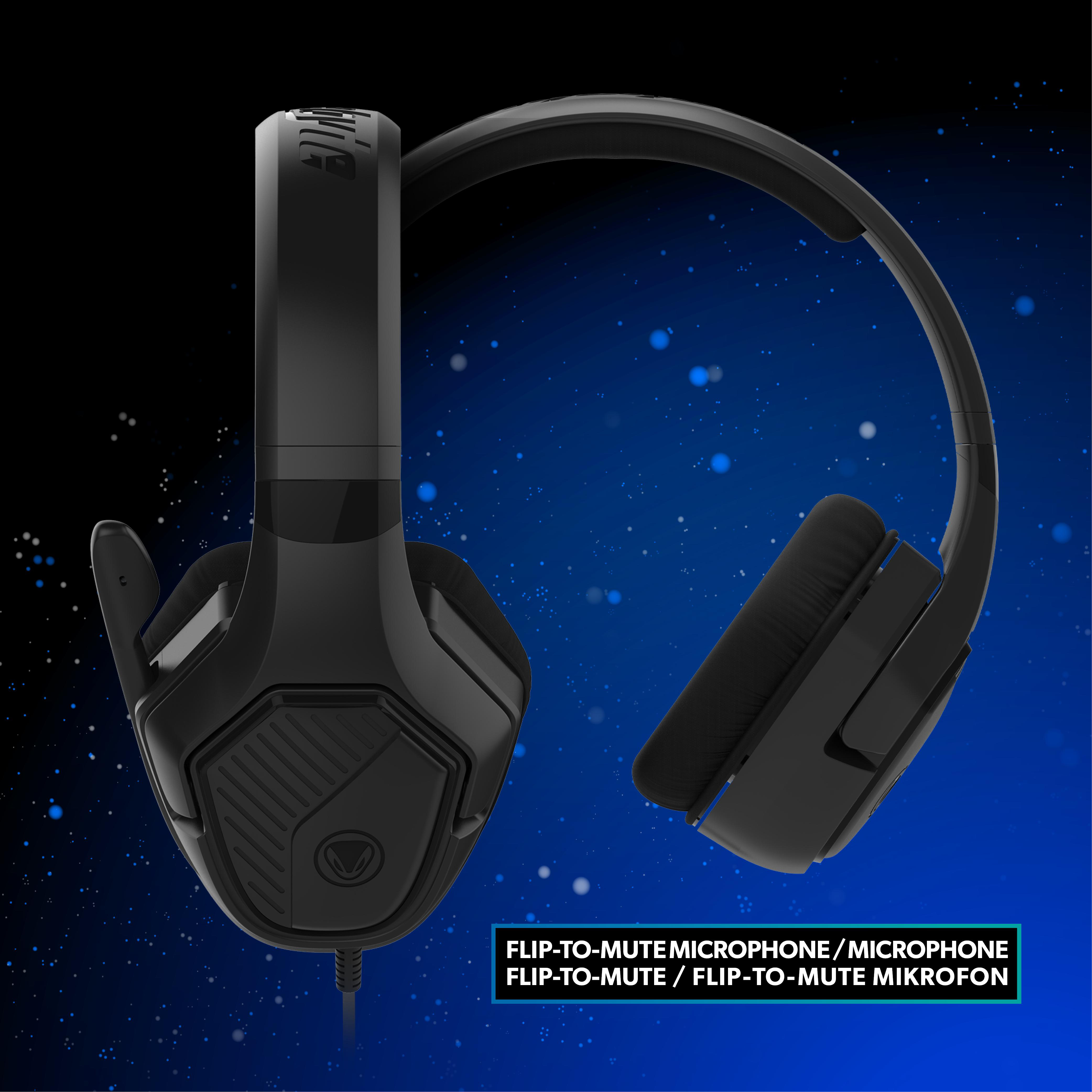 Schwarze Gaming-Kopfhörer mit Flip-to-Mute-Mikrofon, vor blauem Farbverlauf.