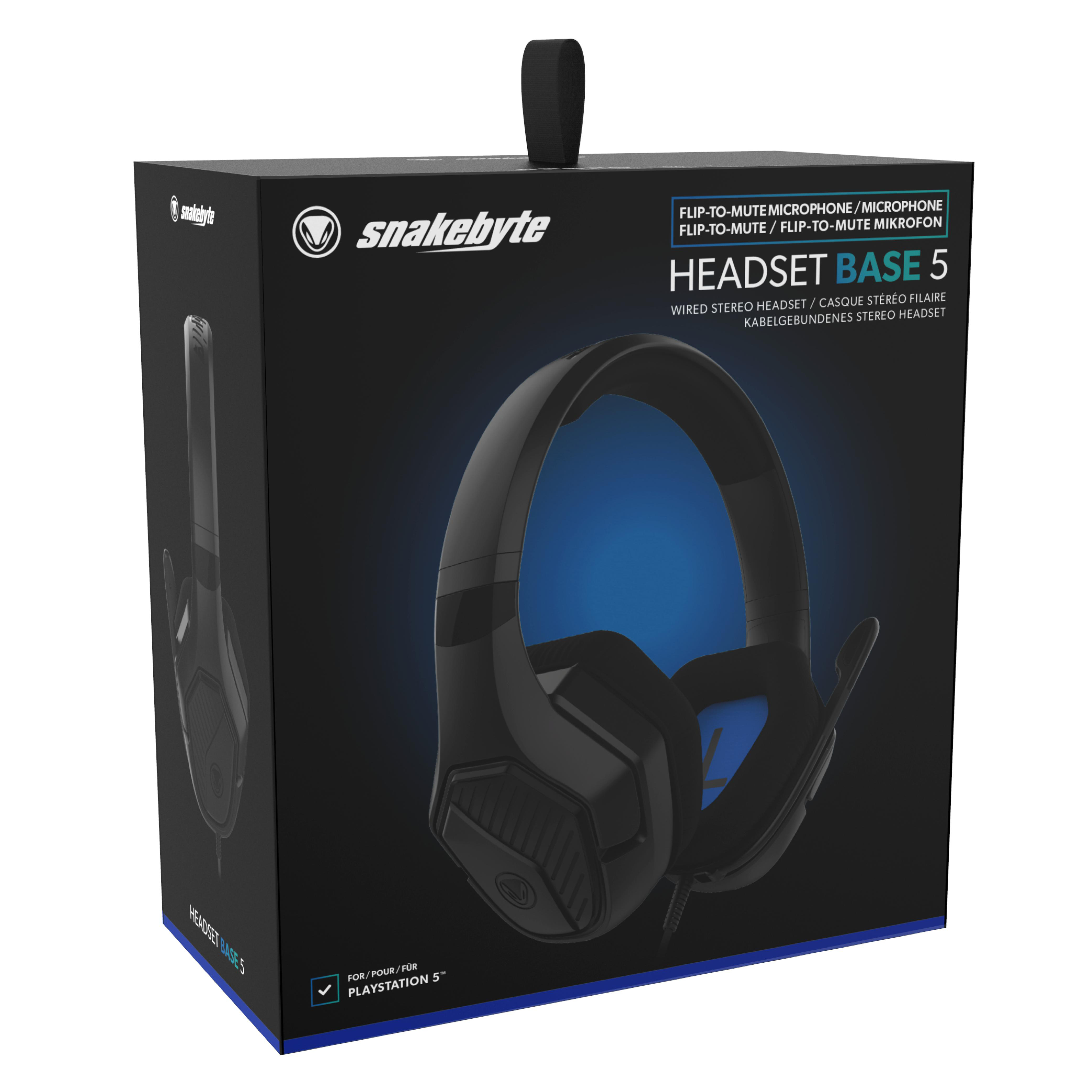 Schwarzes Headset in der Box. Die Box hat den Markennamen Snakebyte und das Bild des Headsets.