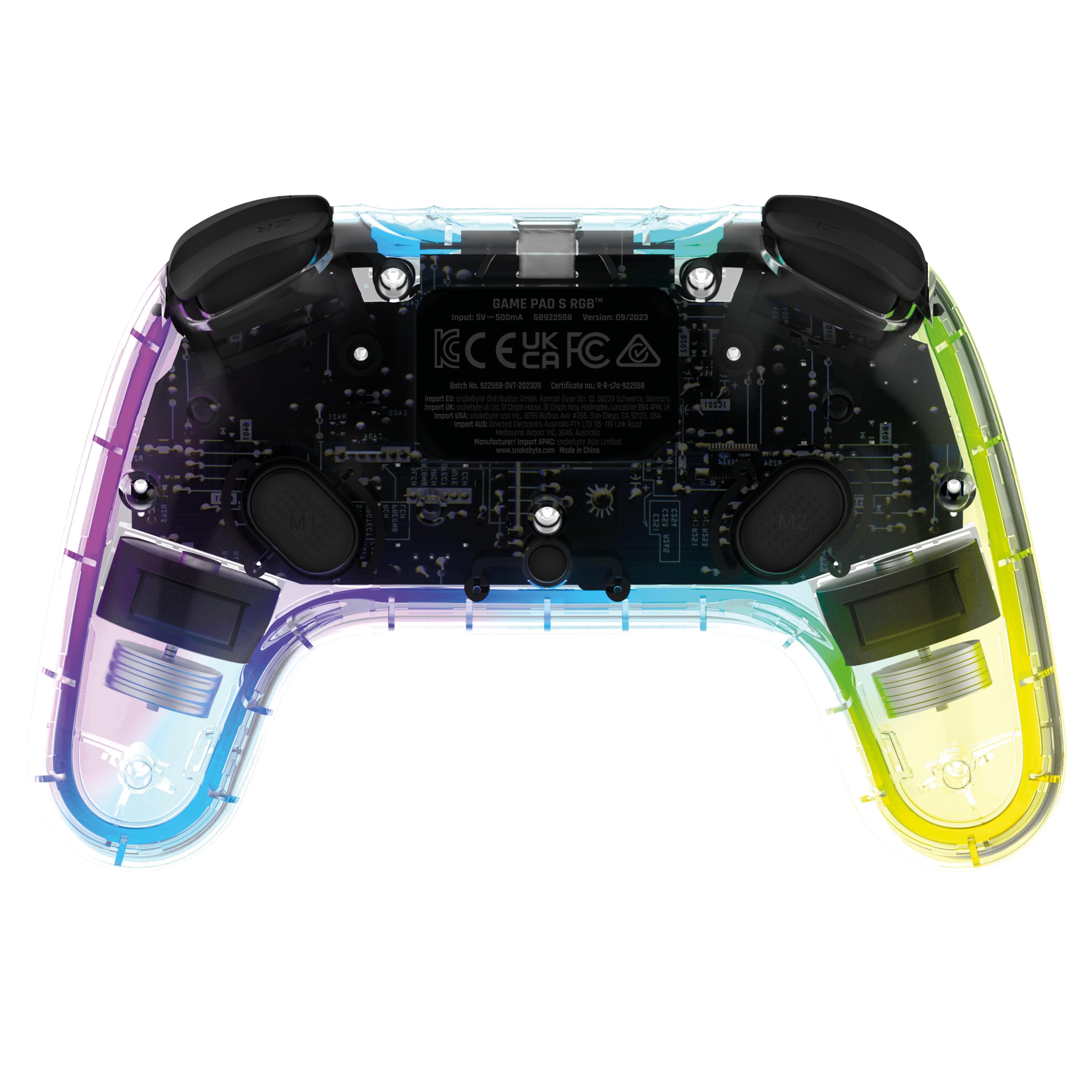 Ein transparentes RGB-Gaming-Controller. Interne Komponenten sind sichtbar mit farbiger Beleuchtung.