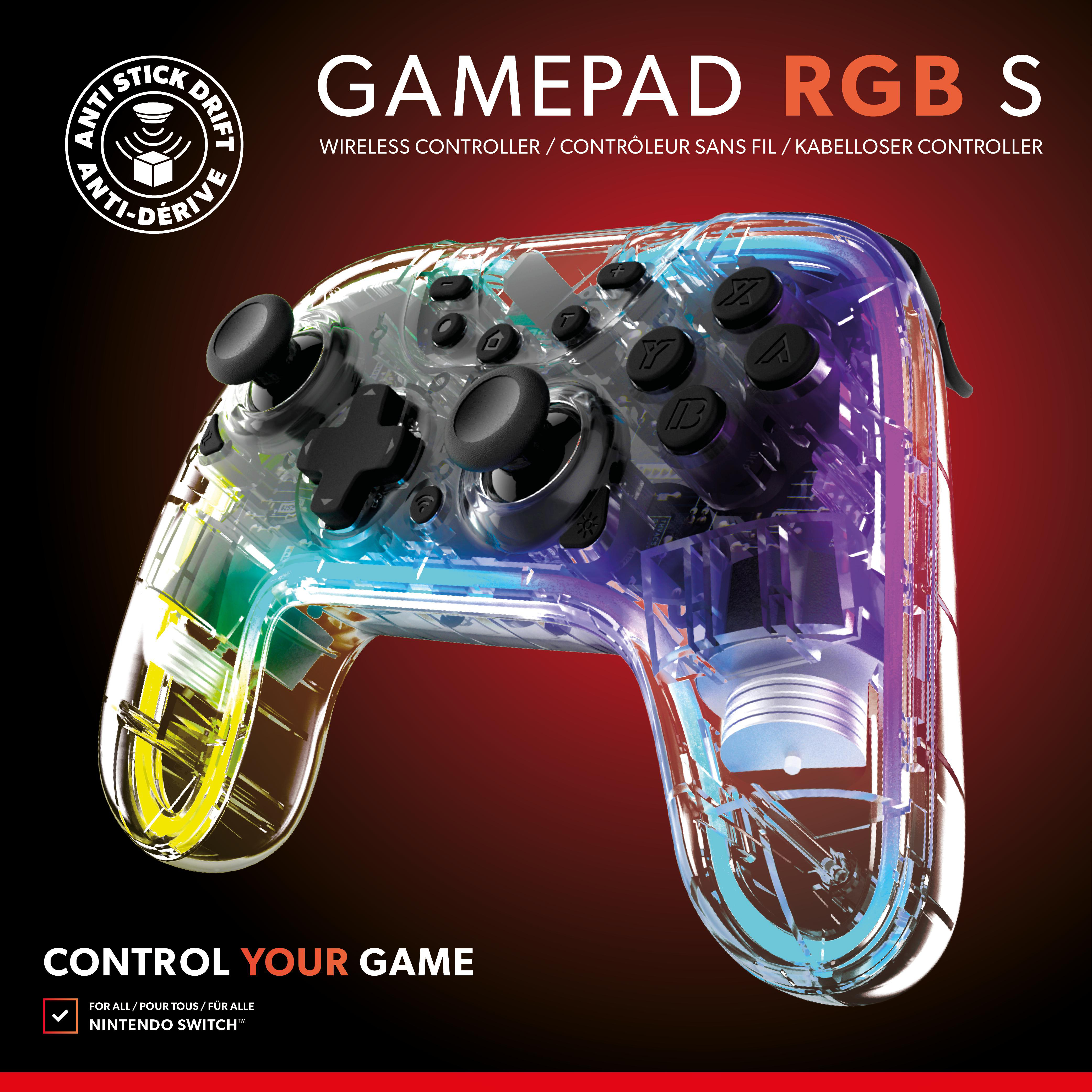 Transparenter Gamecontroller mit bunten Akzenten und schwarzen Tasten, beschriftet mit 'GAMEPAD RGB S' und 'ANTI-DRIFT'.