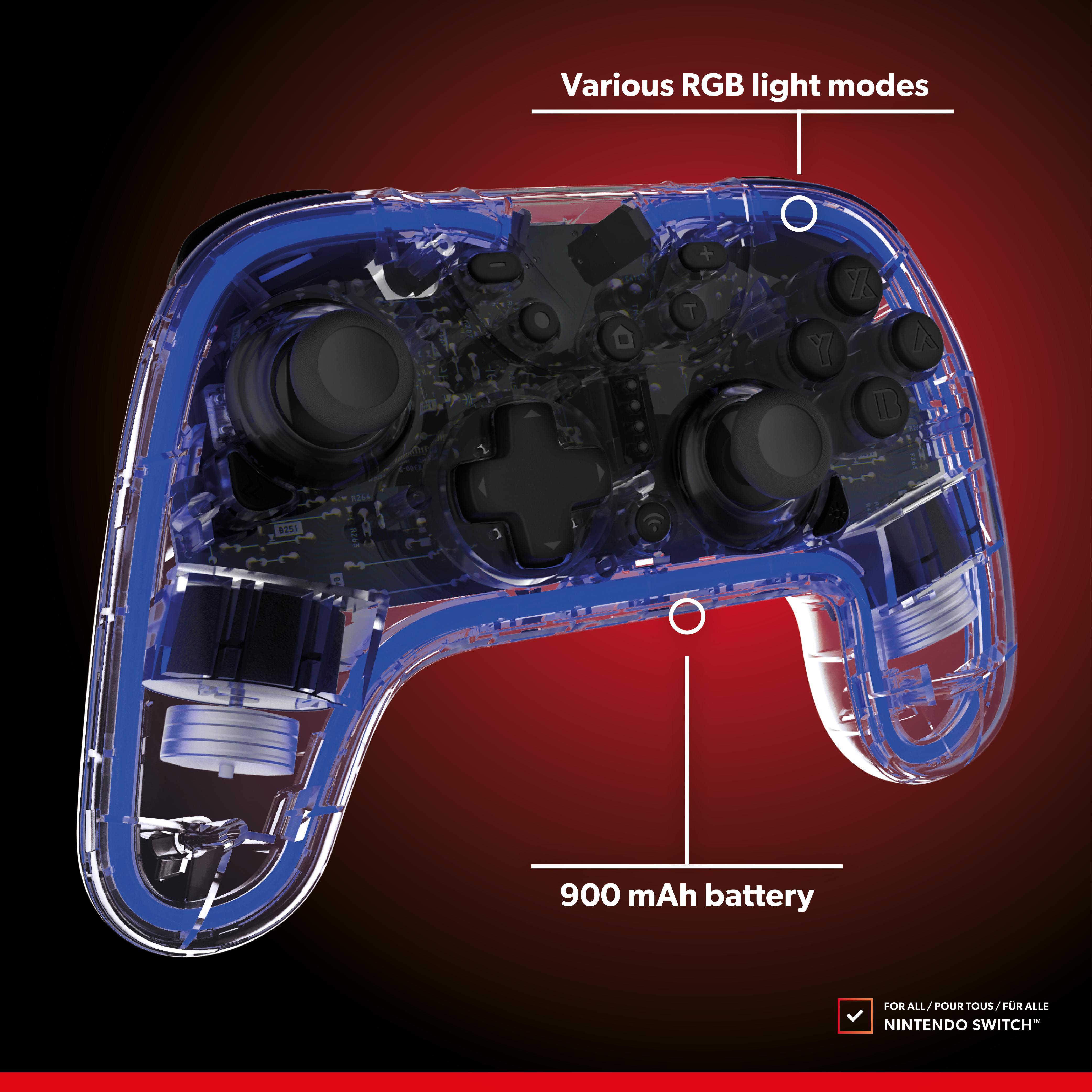 Ein transparent-blauer Nintendo Switch-Controller mit schwarzem Tastenlayout.