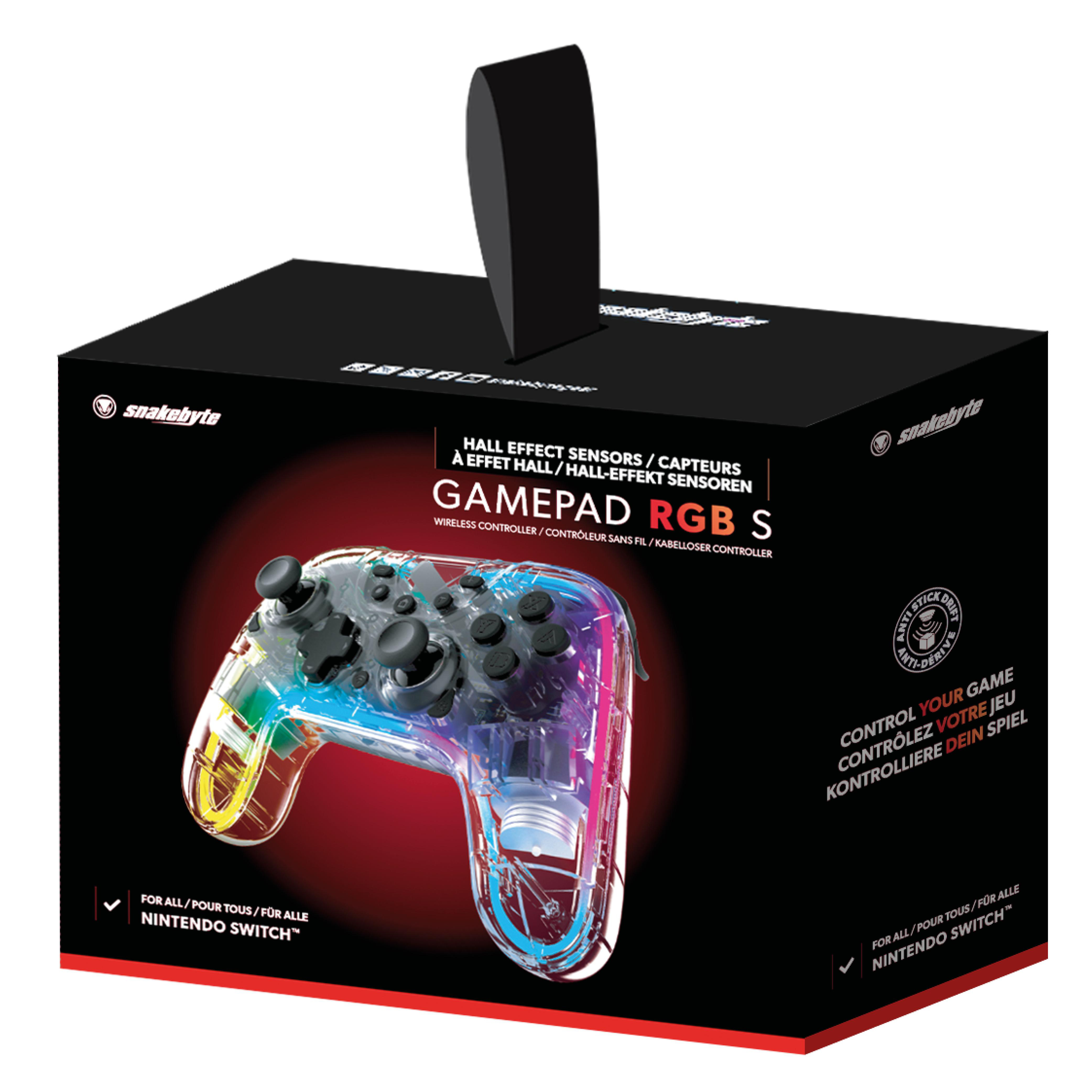 Gamepad RGB S Box, transparenter Controller innen, mit Etiketten für Nintendo Switch und Steuerung.