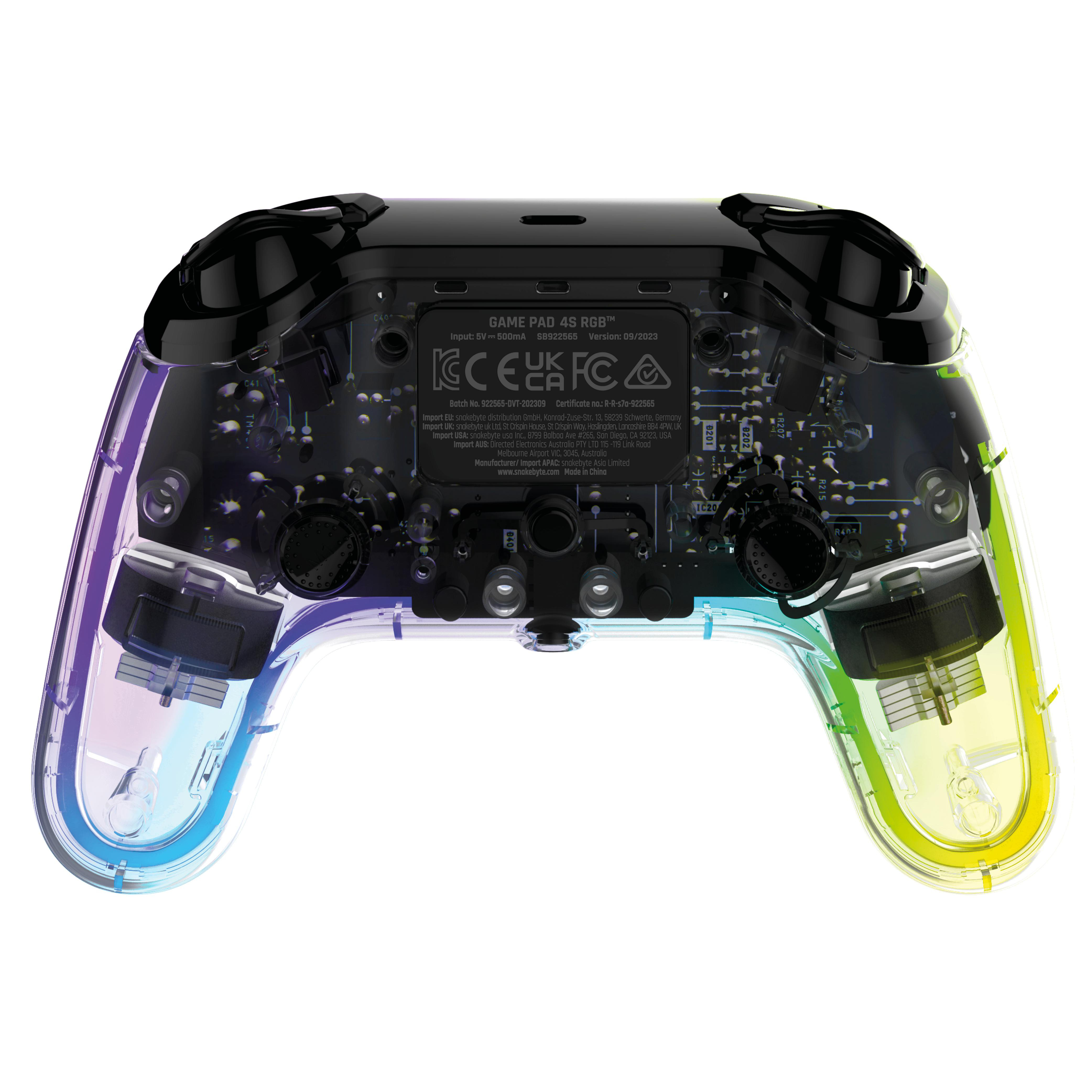 Transparenter Gamecontroller mit farbigen Lichtern. Tasten und Leiterplatte im Controller sichtbar.