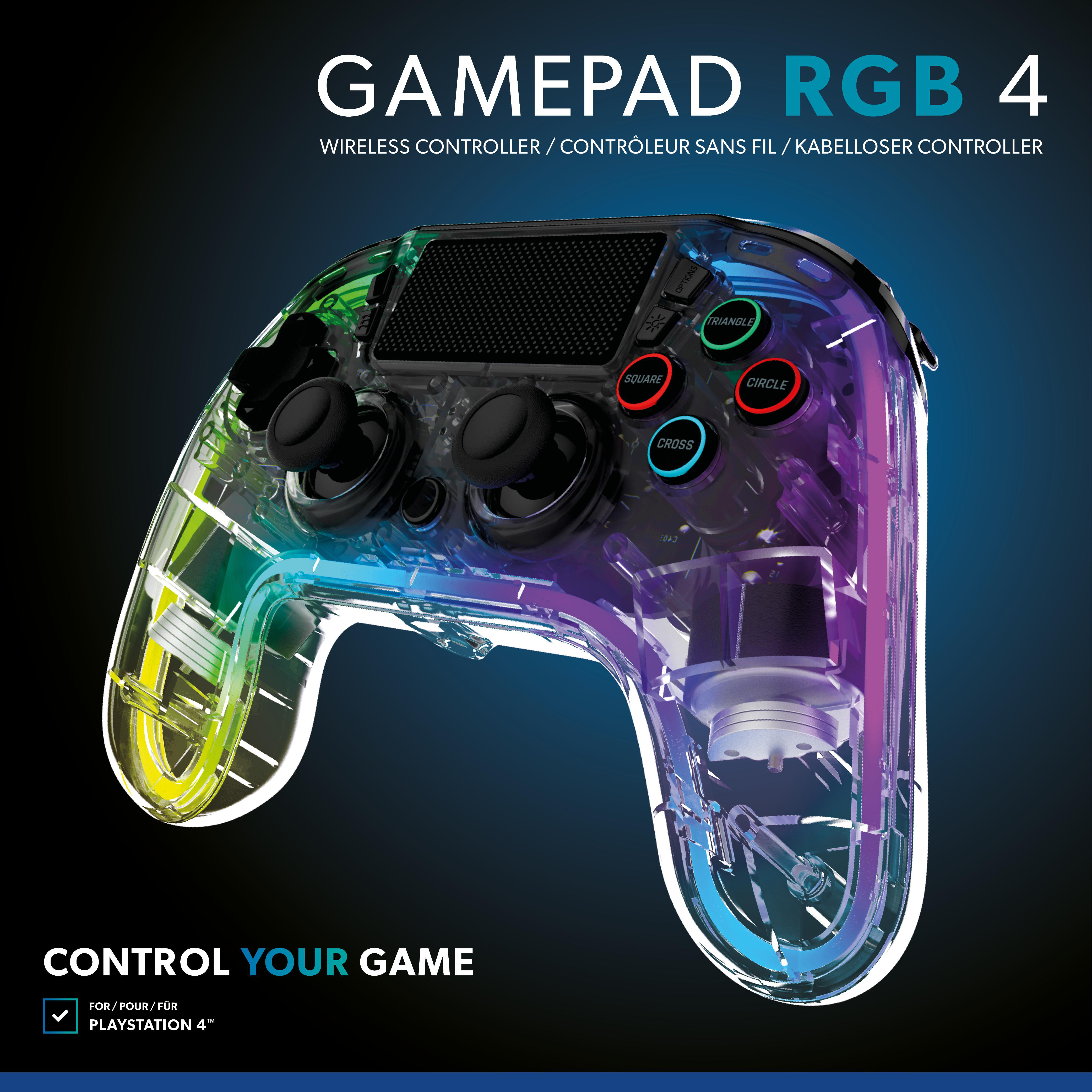 Ein transparenter Gamepad-Controller mit bunten Lichtern. Die Tasten sind farbig beschriftet.