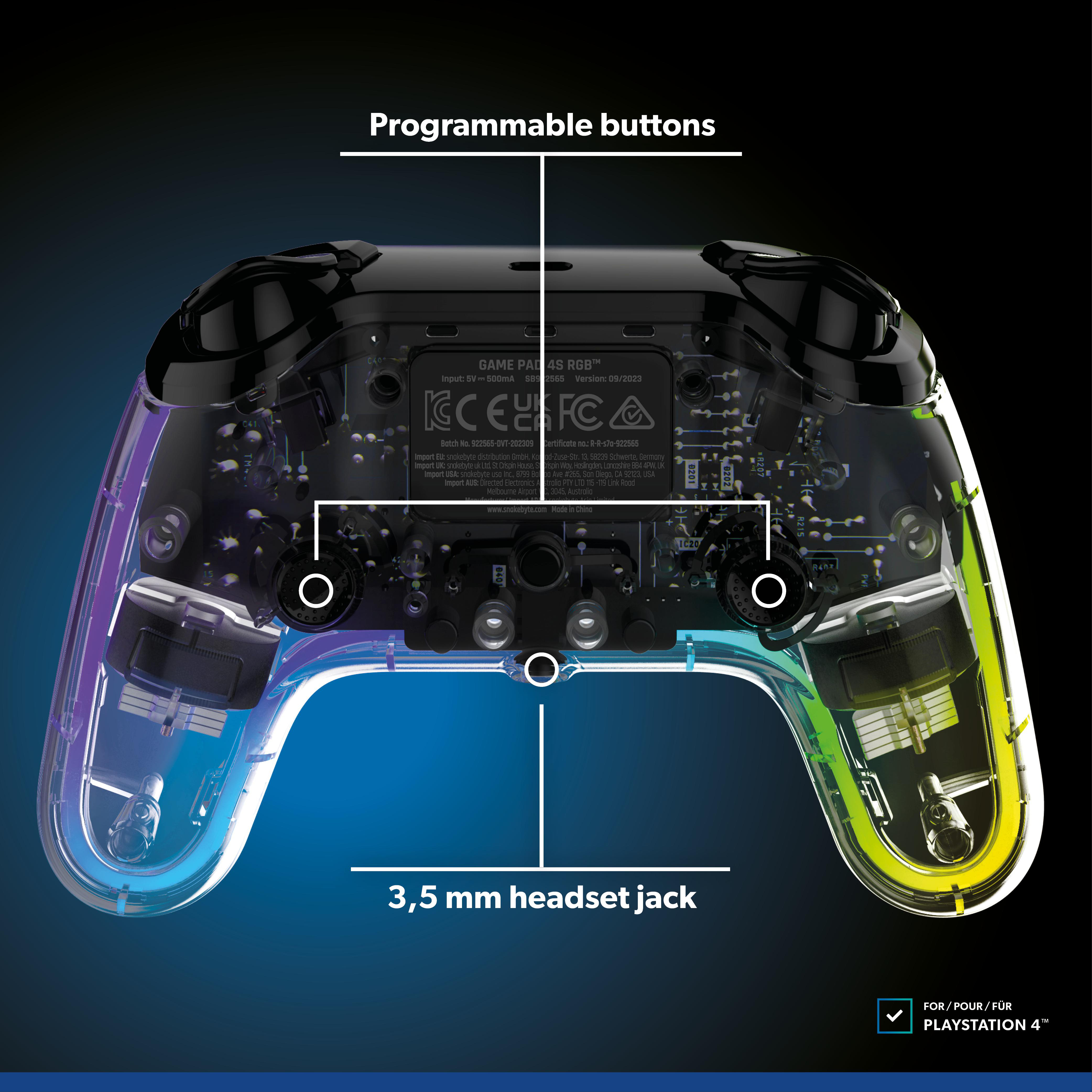 Transparenter Gamecontroller mit programmierbaren Tasten, 3,5-mm-Headsetanschluss und Textbeschriftungen.