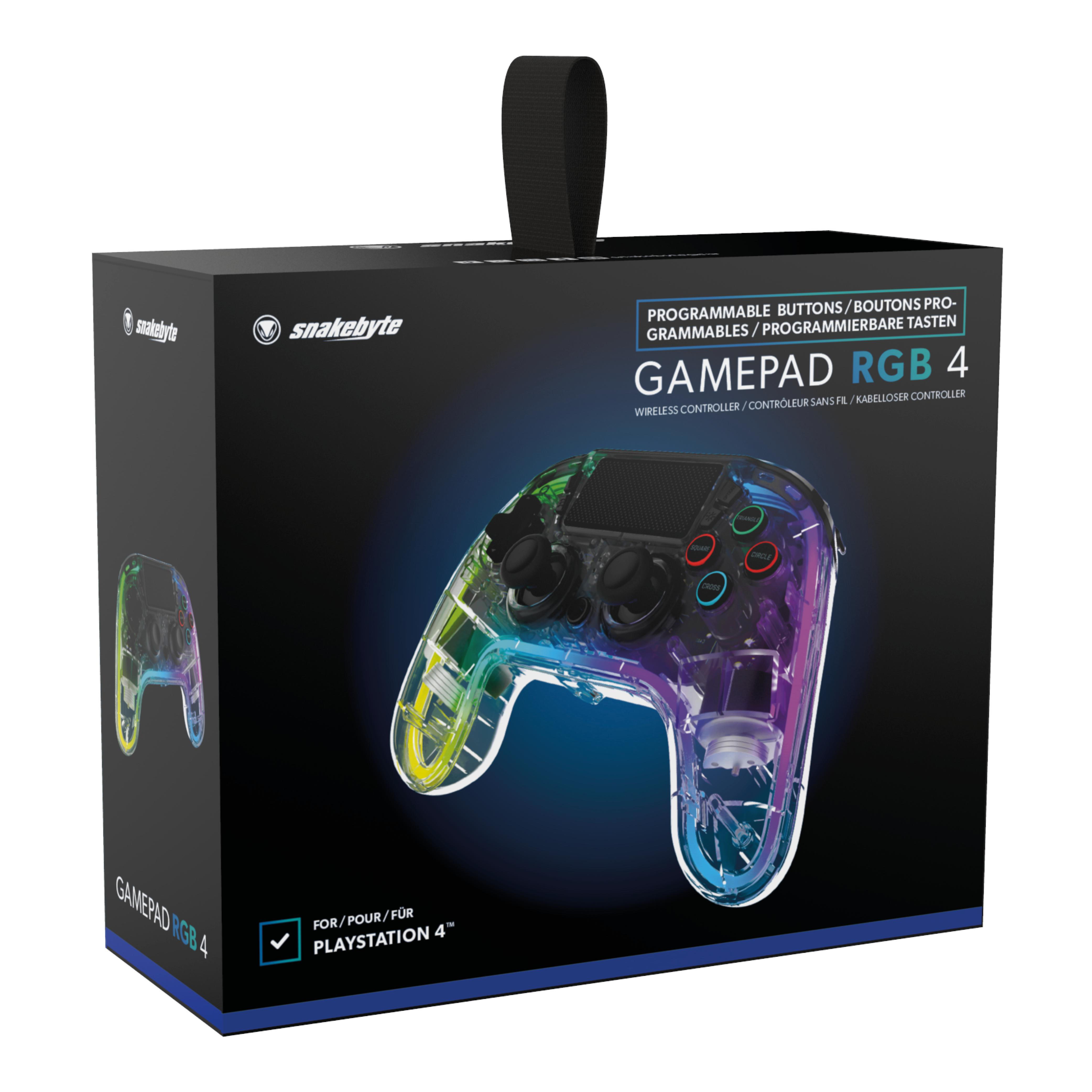 Ein Gamepad in einer Box, mit RGB-Beleuchtung und dem Text 'Gamepad RGB 4' auf der Vorderseite.
