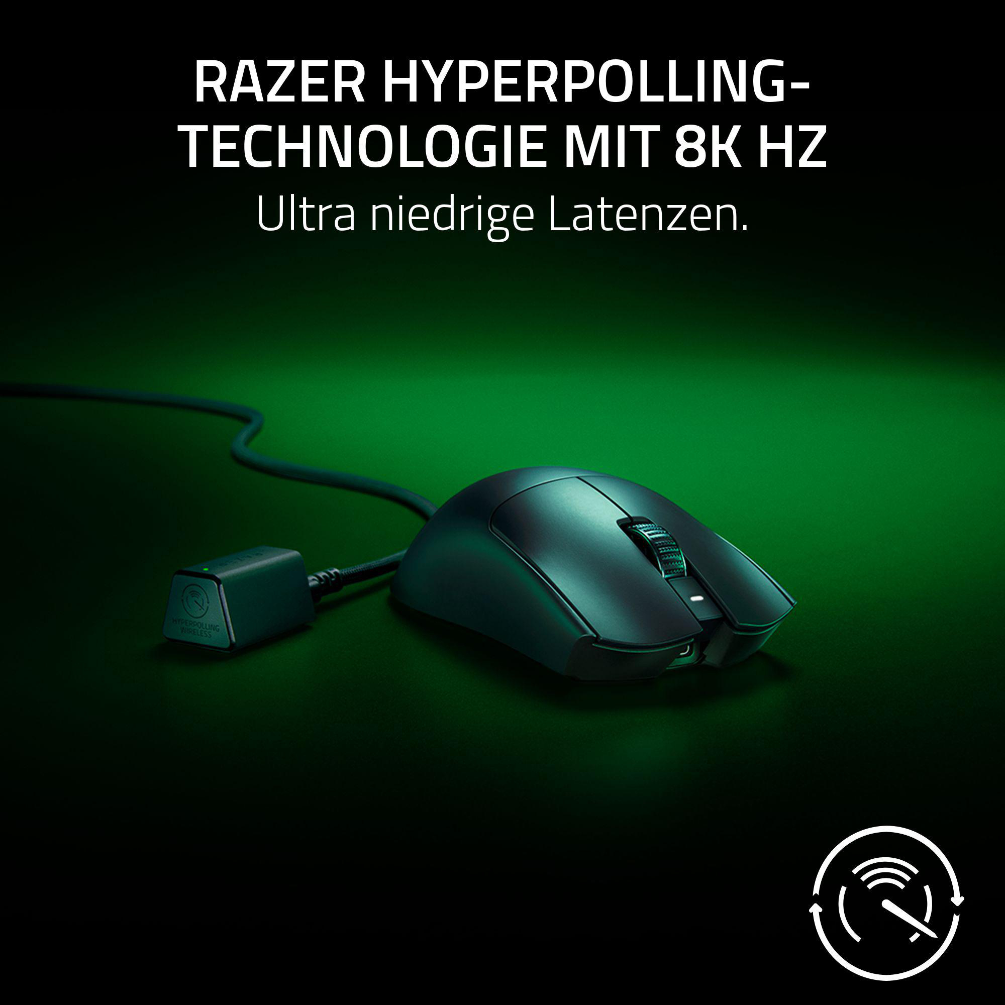 Eine schwarze Computermaus mit Kabel, mit deutschem Text.